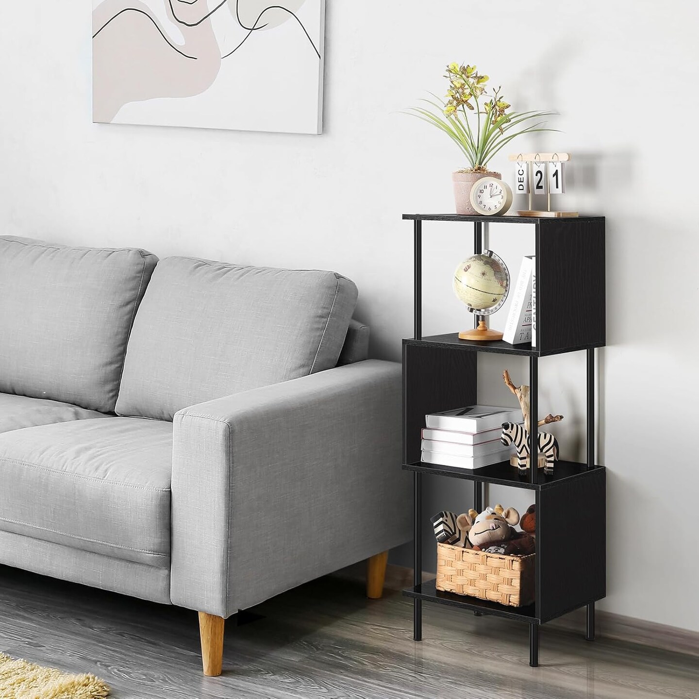 4-Tier S-Shaped Industrial Bookshelf – Rustic Freestanding Metal Frame & MDF Bookcase for Small Spaces, Living Room, Bedroom, Home Office – Easy Assembly, Anti-Tip Safety