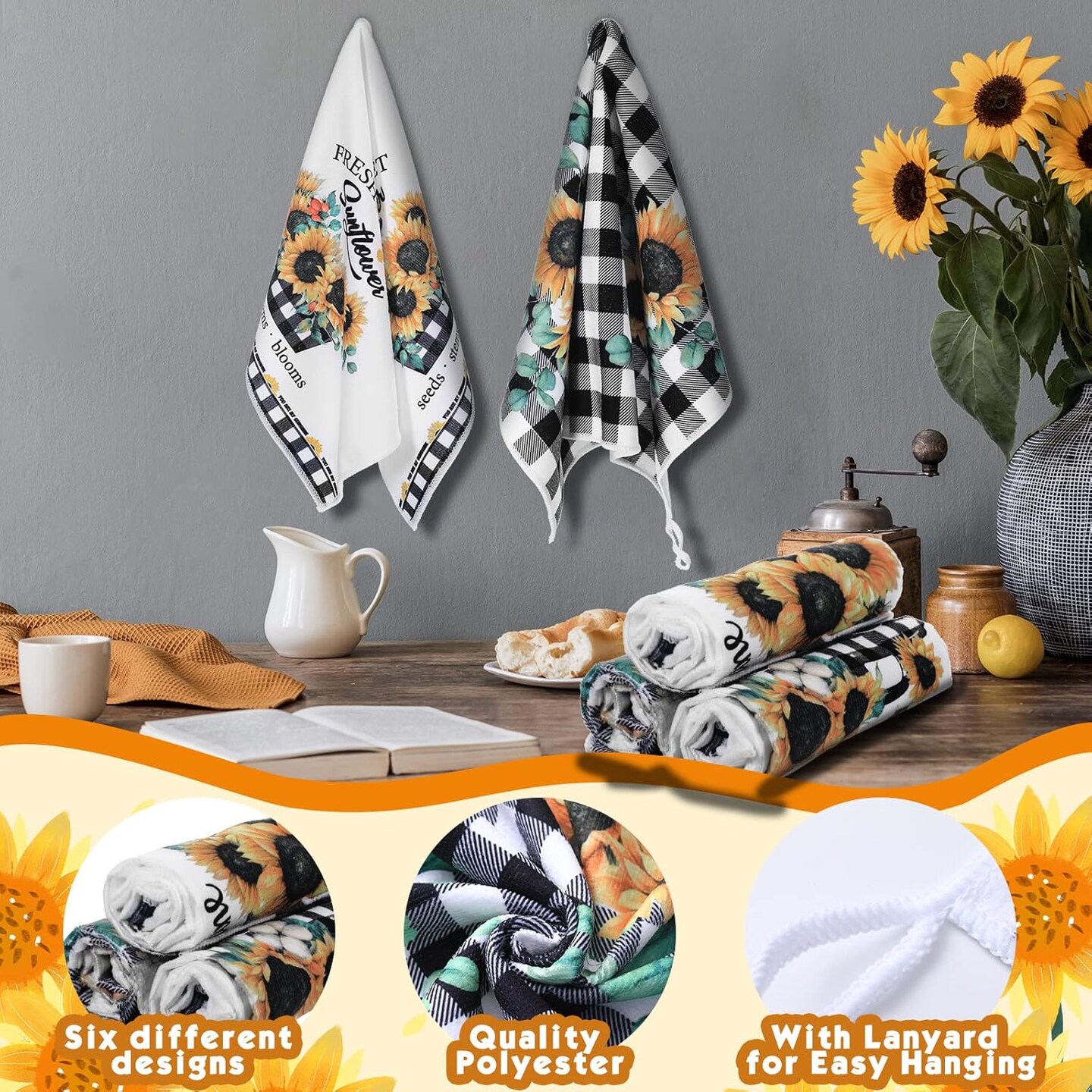 6 Pcs Sunflower Kitchen Towels Summer Buffalo Plaid Dishtowels for Kitchen Ultra Absorbent Black and White Hand Wash Cloth Sunflower Decor Decorative Set for Bathroom Housewarming Gift