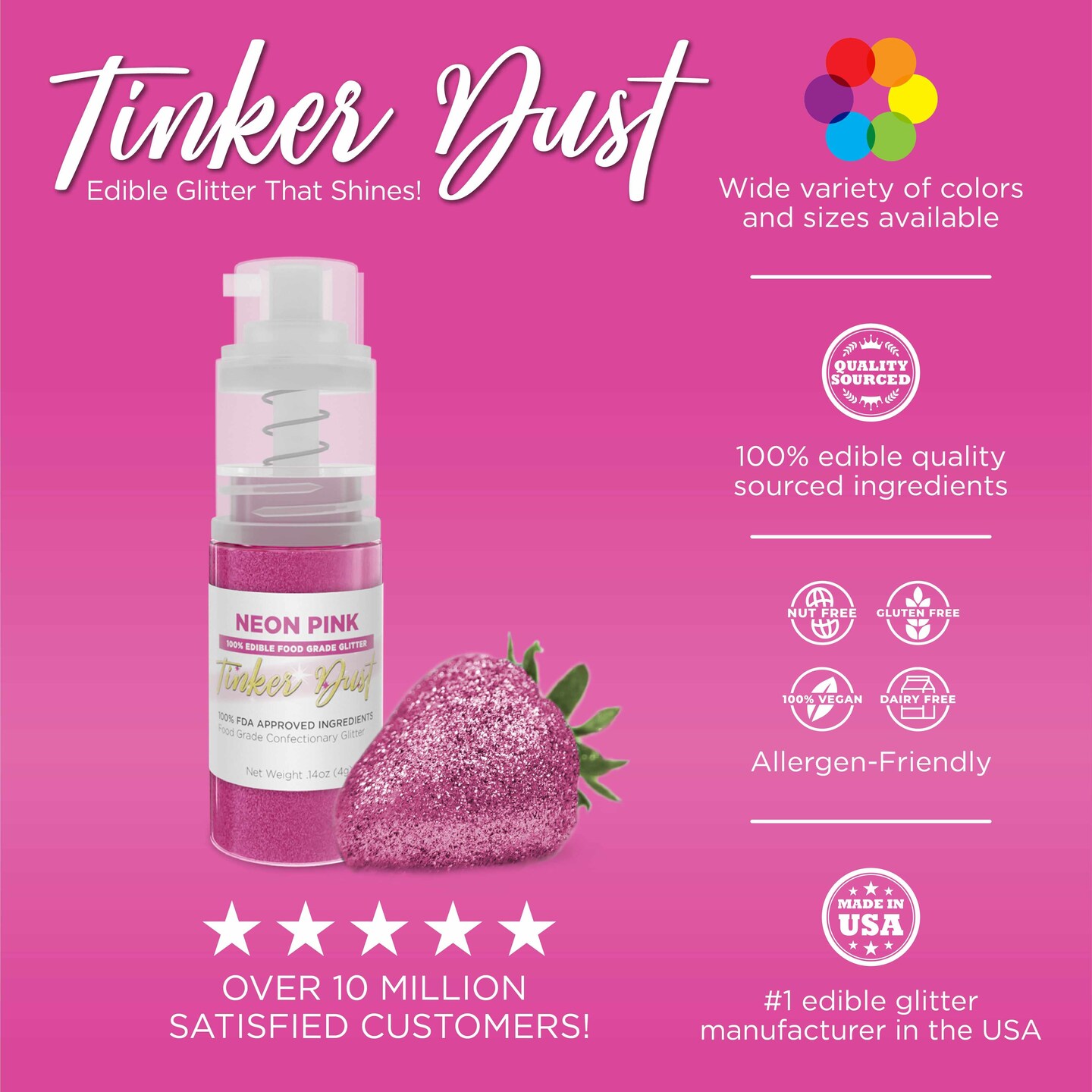 Bakell - Neon Pink Tinker Dust Edible Glitter (25g, 1x Spray Pump) for Food, Desserts, and Beverages!