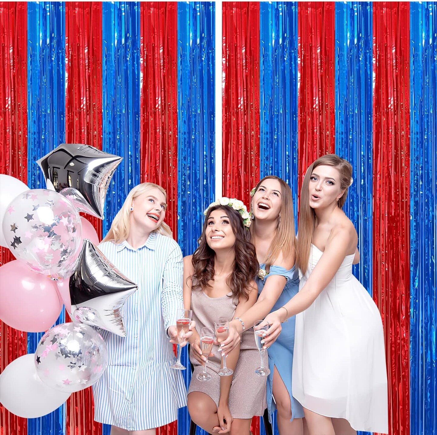 2-Pack Red & Blue Foil Fringe Curtains 3.3x6.6ft Party Backdrop Decorations