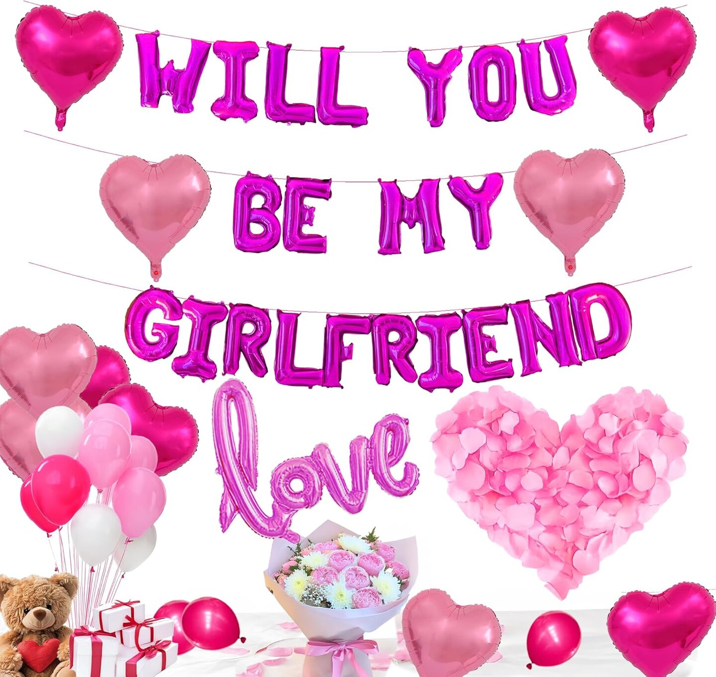 Will You Be My Girlfriend Balloons 60pcs pink hot pink and white balloon kit Include 18 Inch Heart Shaped Balloons and 1000 Pink Artificial Rose Petals Romantic Decoration Kit for Valentines Party