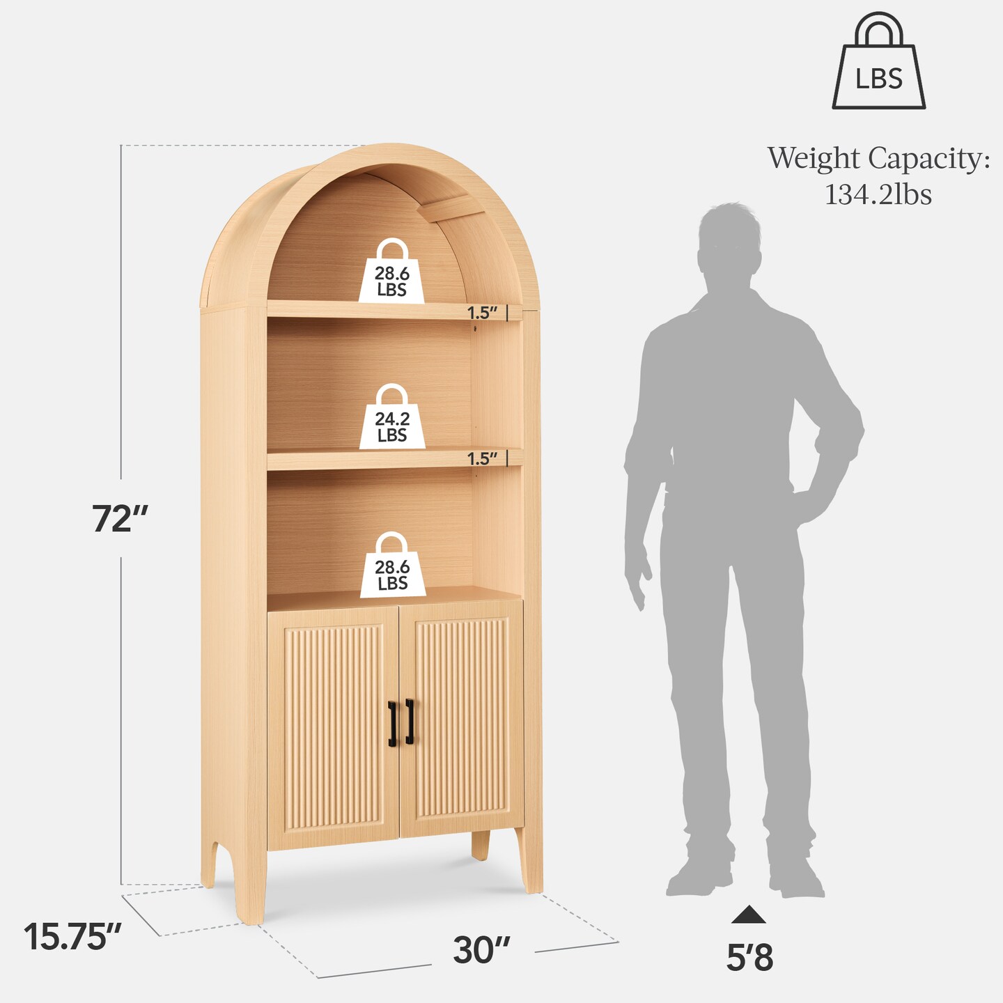 Best Choice Products 72in Tall Arched 5-Tier Bookshelf Storage Cabinet w/ Adjustable Shelves