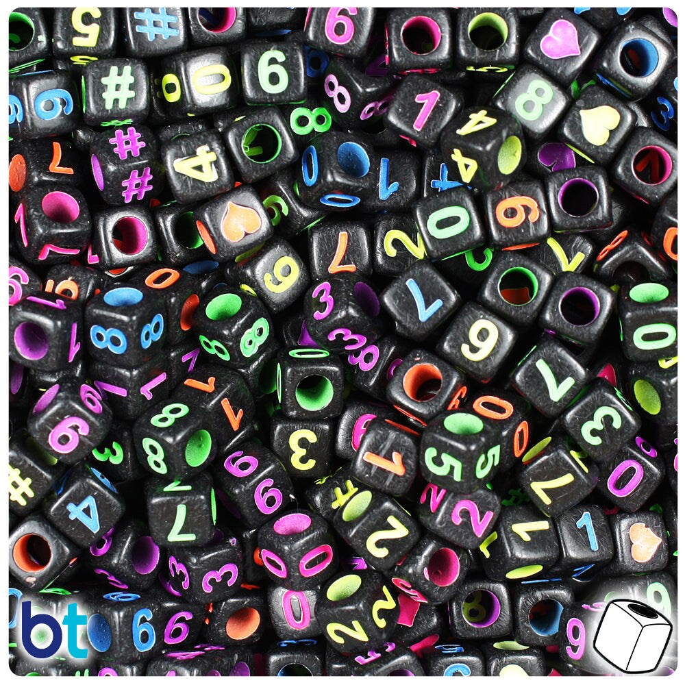 BeadTin Black Opaque 6mm Cube Plastic Alpha Beads - Colored Number Mix (200pcs)