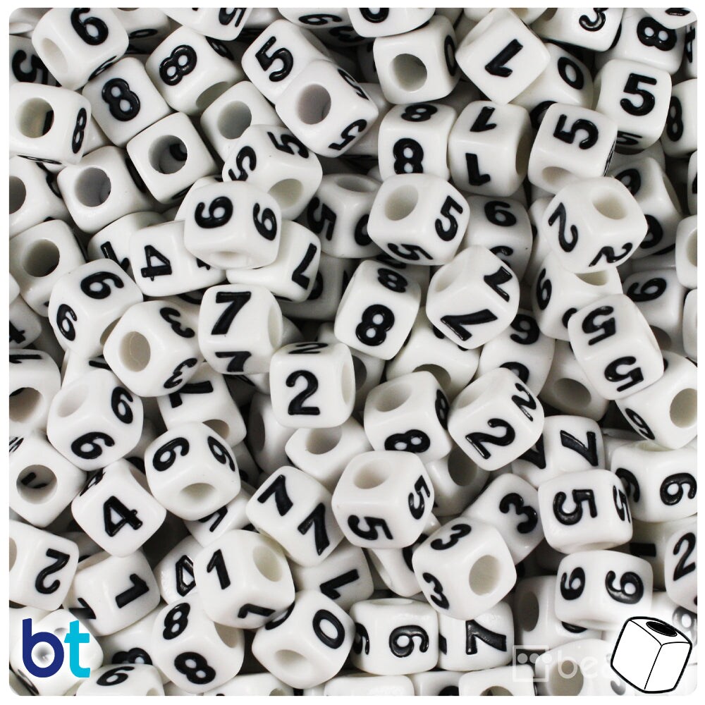 BeadTin White Opaque 7mm Cube Plastic Alpha Beads - Black Number Mix (200pcs)