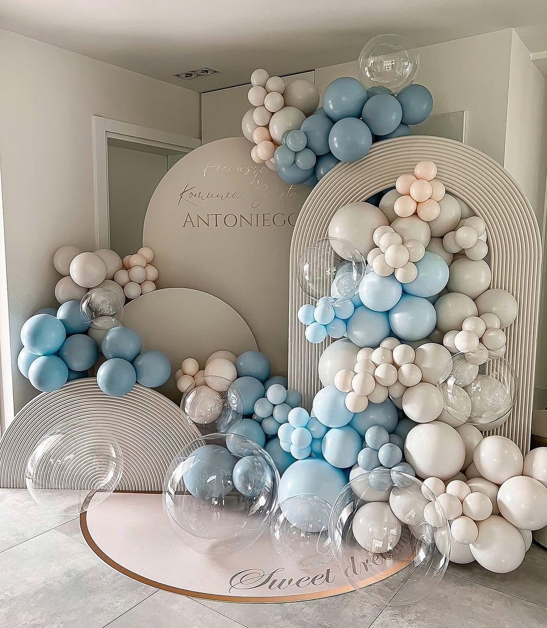 Dusty Blue Balloons Arch Kit, 134 Pcs Muted Light Baby Slate Blue and White Balloon Garland mit 18 Inch Pale Blue Clear Balloon *5, Long Balloon as Bow Decor for Baby Shower Boy Gender Reveal Wedding