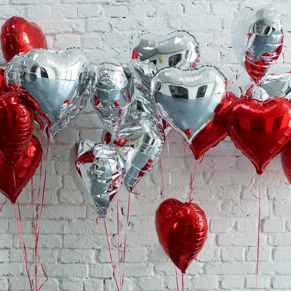 Red And Silver Heart Foil Balloons&#xFF08;12 pcs &#xFF09;,18 Inch Silver And Red heart Mylar Shaped foil Love Balloon for Wedding Decoration Party Birthday Valentines Balloon