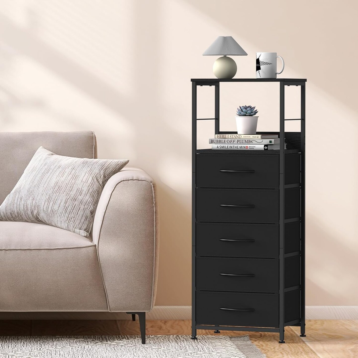 5-Drawer Tall Storage Tower with Fabric Drawers &#x2013; Sturdy Metal Frame &#x26; Waterproof Wooden Top, Space-Saving Dresser for Bedroom, Entryway, Nursery, Hallway (Black)