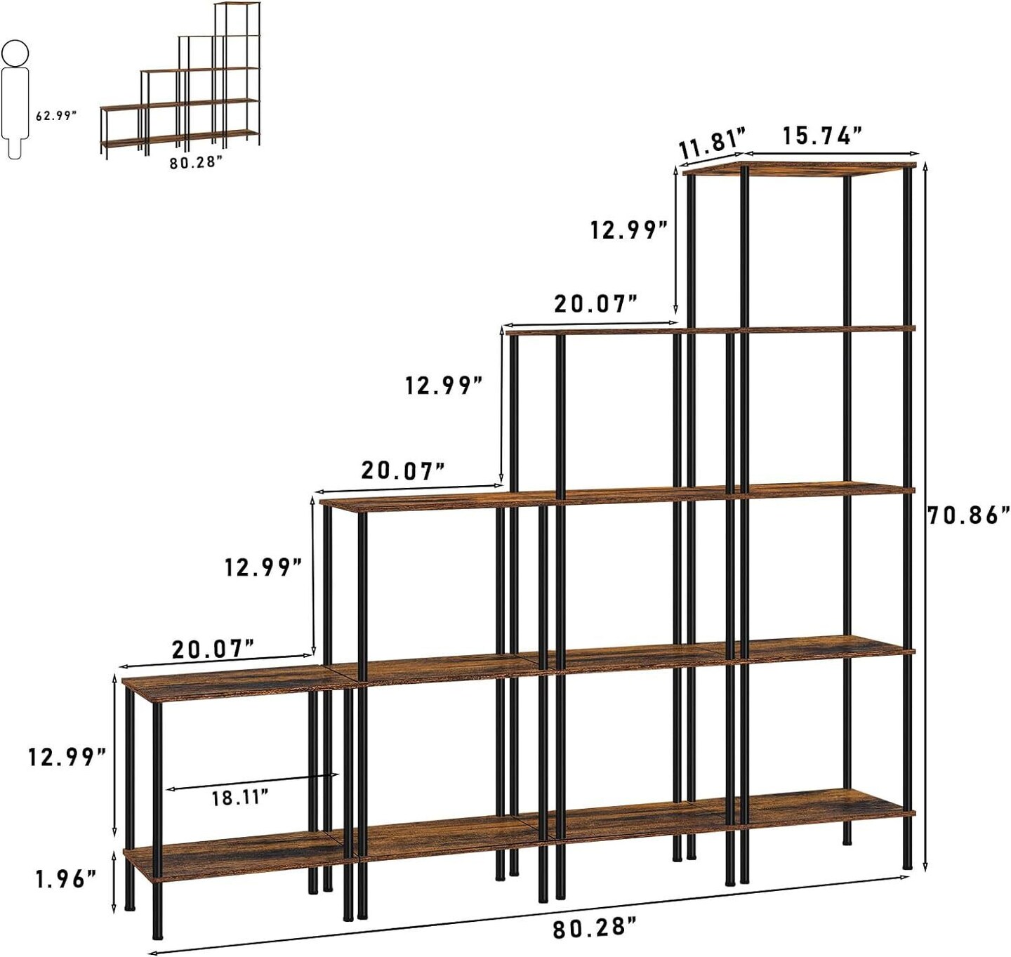 71&#x22; Tall Rustic Brown Ladder Bookshelf &#x2013; Vintage Corner Bookcase with 5 Open Shelves, Sturdy Chipboard &#x26; Metal Frame for Home Office, Apartment, Dorm &#x2013; Easy Assembly