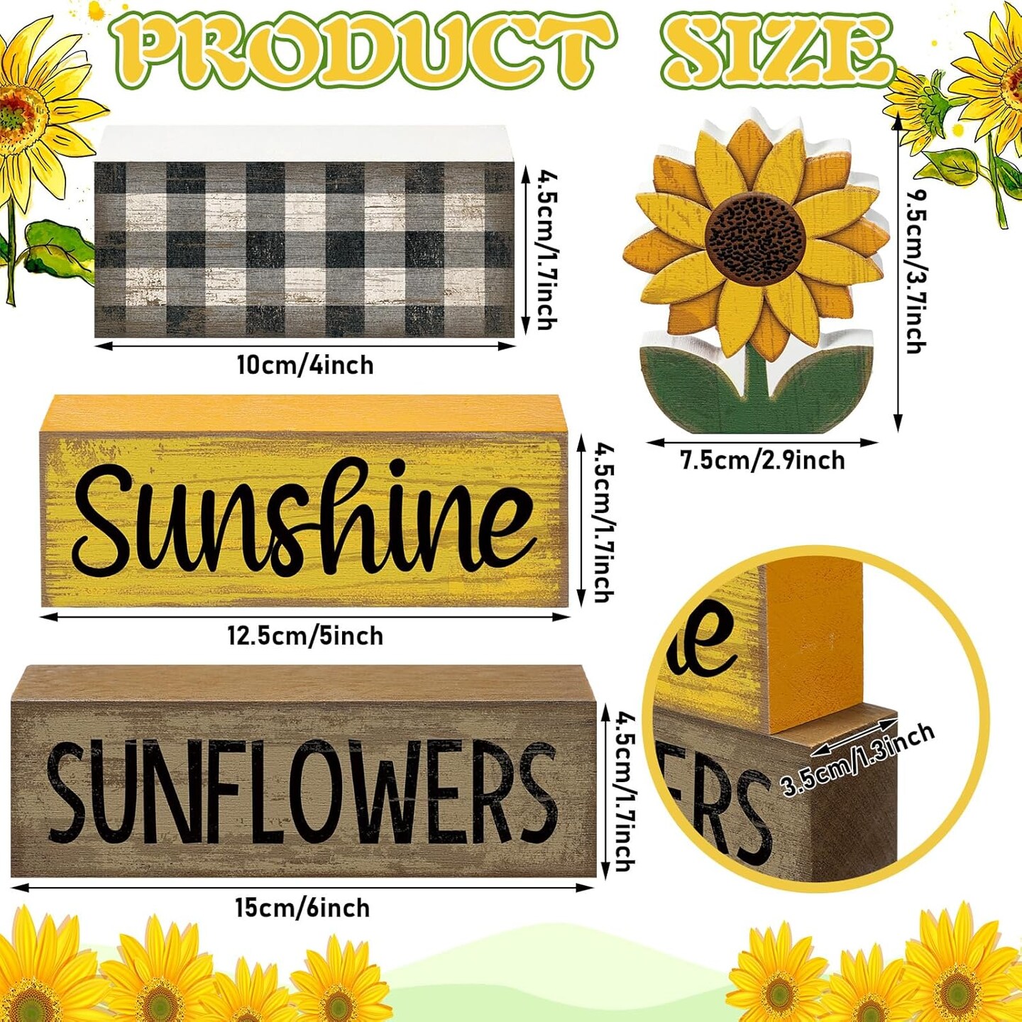 4 Pcs Summer Sunflower Decorations Sunflower Wooden Sign Sunshine Table Centerpiece Summer Tiered Tray Decor Decorative Faux Book Stack Block for Coffee Table Fireplace Mantel Floating Shelf
