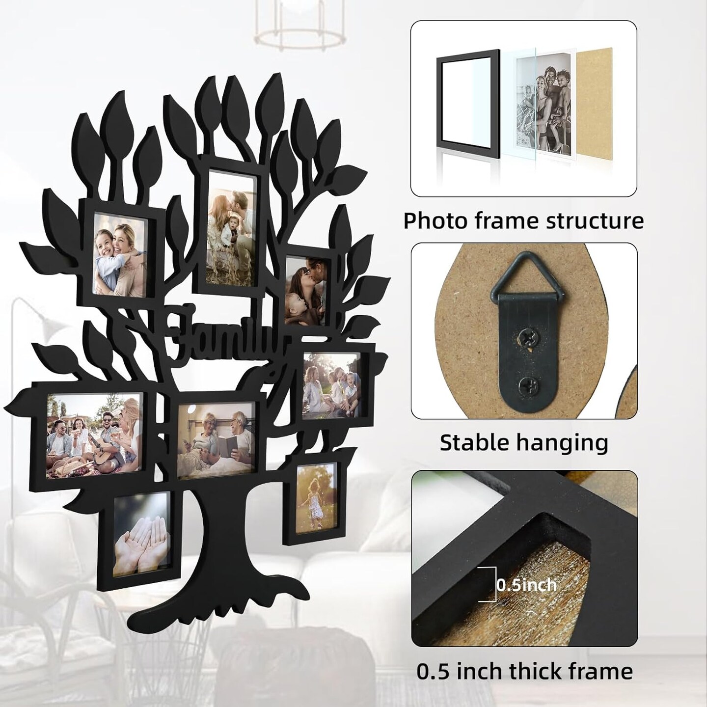 26x27 Inch Family Tree Picture Frame Collage Wall Decor, Rustic Family Tree Wall Decor for Home, Farmhouse Photo Collage Frame for Wall, Photo Frames Multiple Pictures Perfect for Modern Farmhouse Decor (Black)