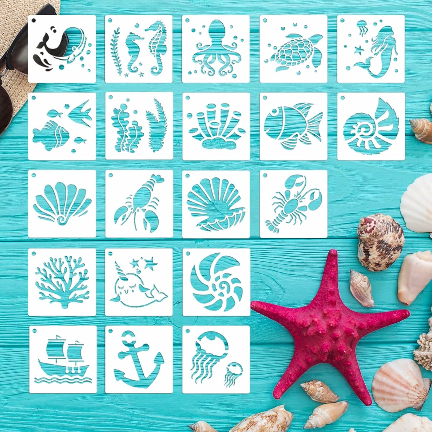 Summer Stencils for Painting, 20PCS 3 Inch Plastic Beach Stencils for Crafts Reusable, Small Stencils for Painting on Wood Canvas Rock, Funny Sea Life Stencils for Home Decor &#x26; DIY Projects