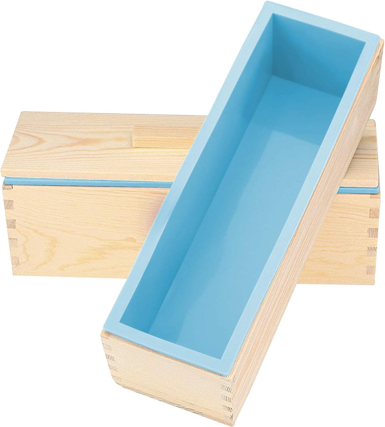 Pack of 2 42oz Blue Soap Molds with 2 Lids, Flexible Rectangular Silicone Soap Making Molds Kit with Wood Box DIY Tool Set for Soap Making Supplies
