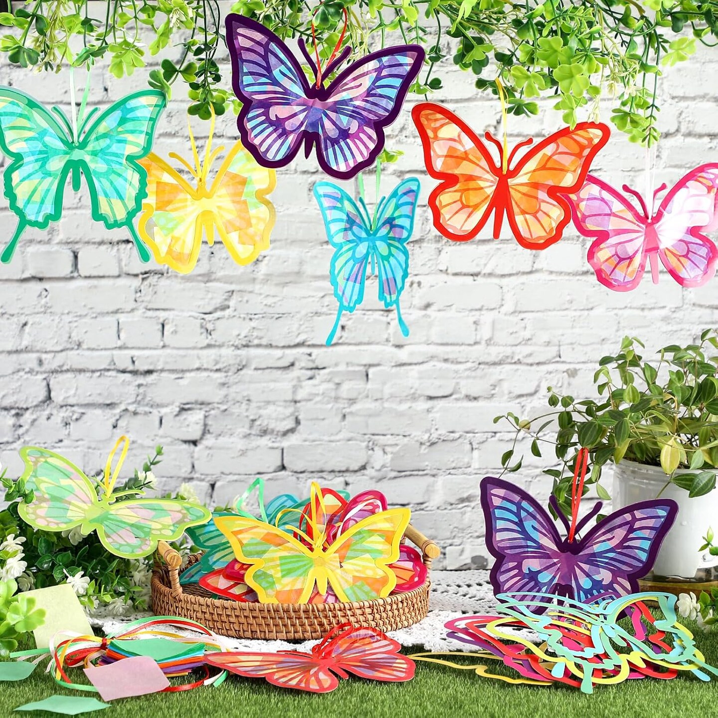 32 Pcs Butterfly Suncatchers Paper Craft Set DIY Butterfly Shaped Stained Glass Effect Tissue Paper Kits Bulk for Window Classroom Activities Art Summer Party Decorations Favors Gift