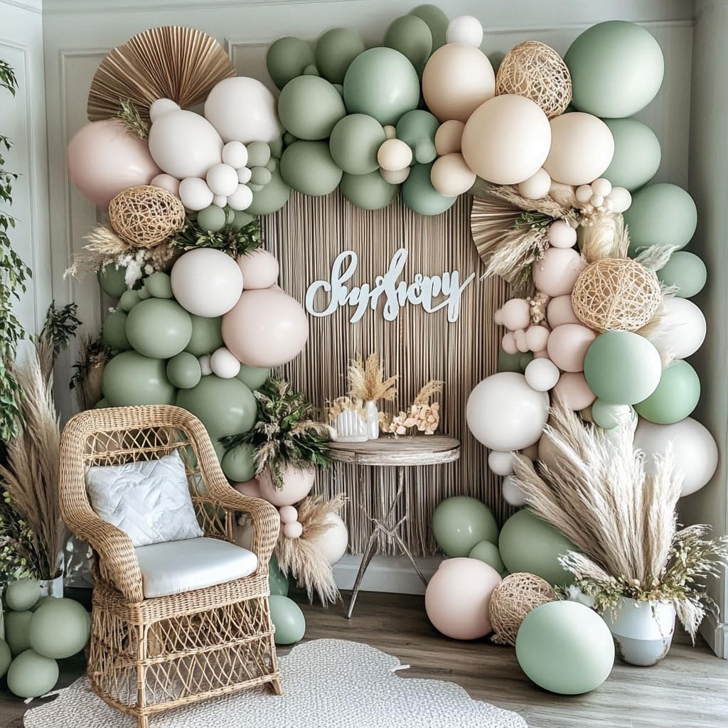 Sage Green & White Balloon Garland – Double Stuffed Neutral Balloons for Boho Baby, Bridal Shower & Birthday Decor