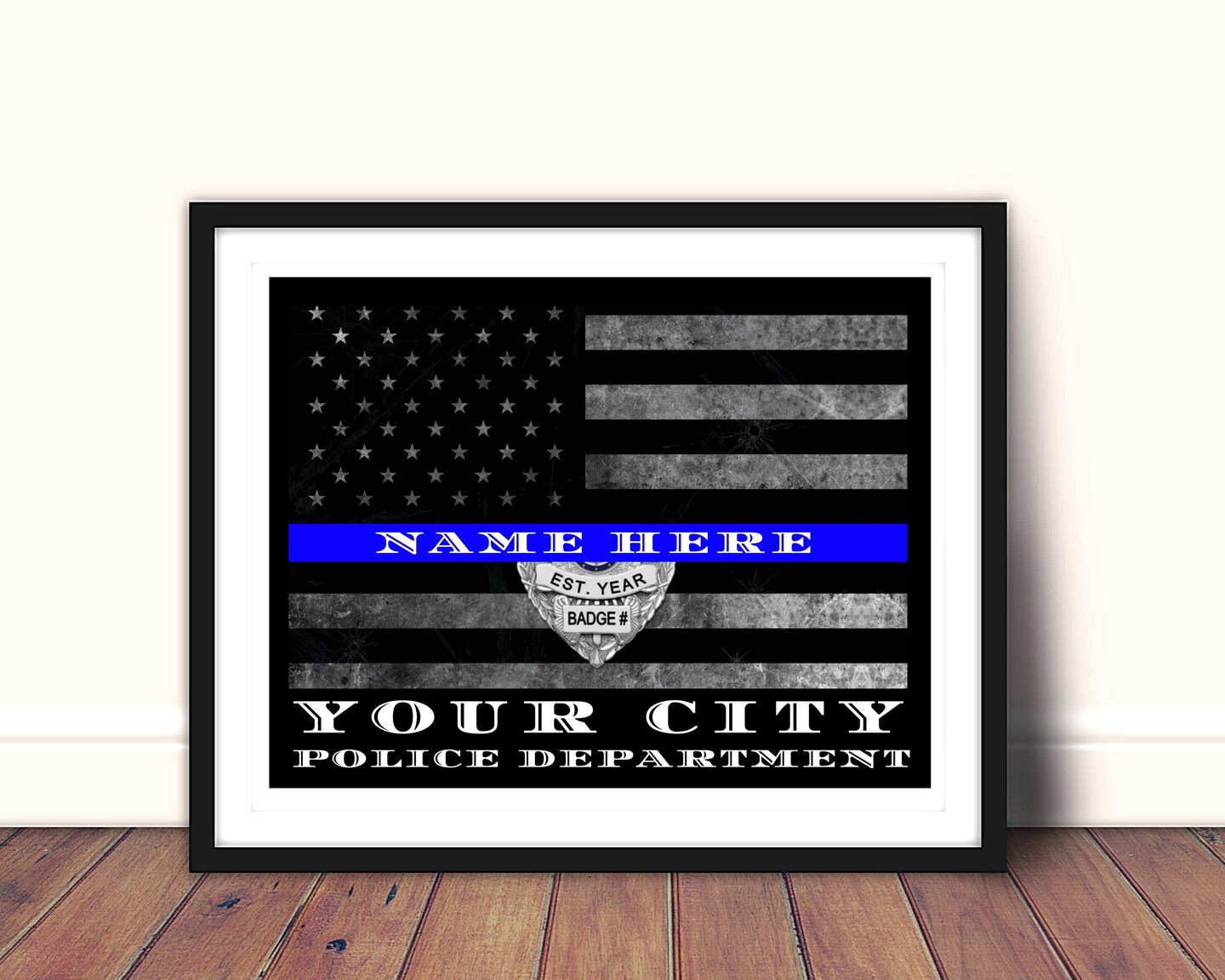 NYPD New York Police Officer Thin blue Line Flag Gift Frame Art