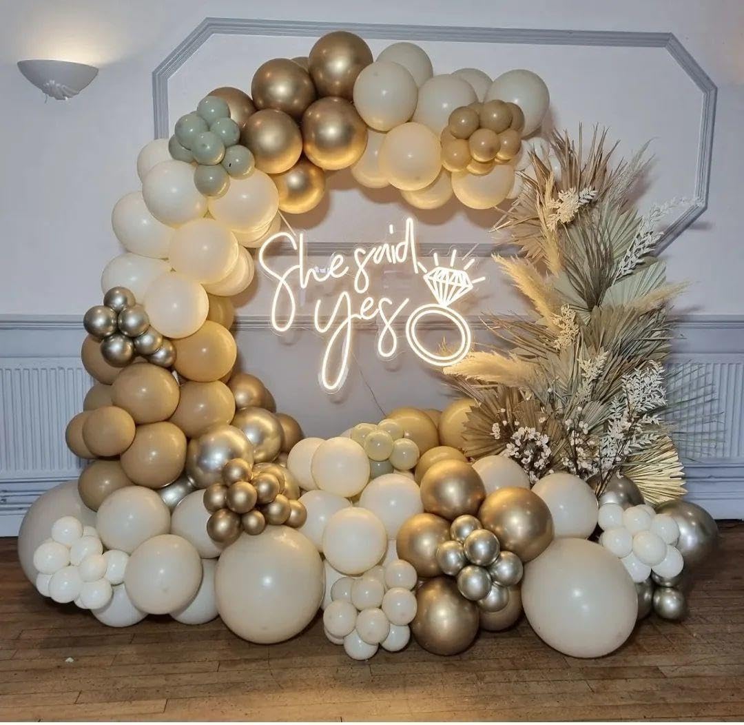 Sand White and Gold Balloon Arch Kit, White Nude Neutral Beige Metallic Gold Different Size Balloons for Boho Wedding Baby Bridal Shower Engagement Birthday Party Decorations Backdrop