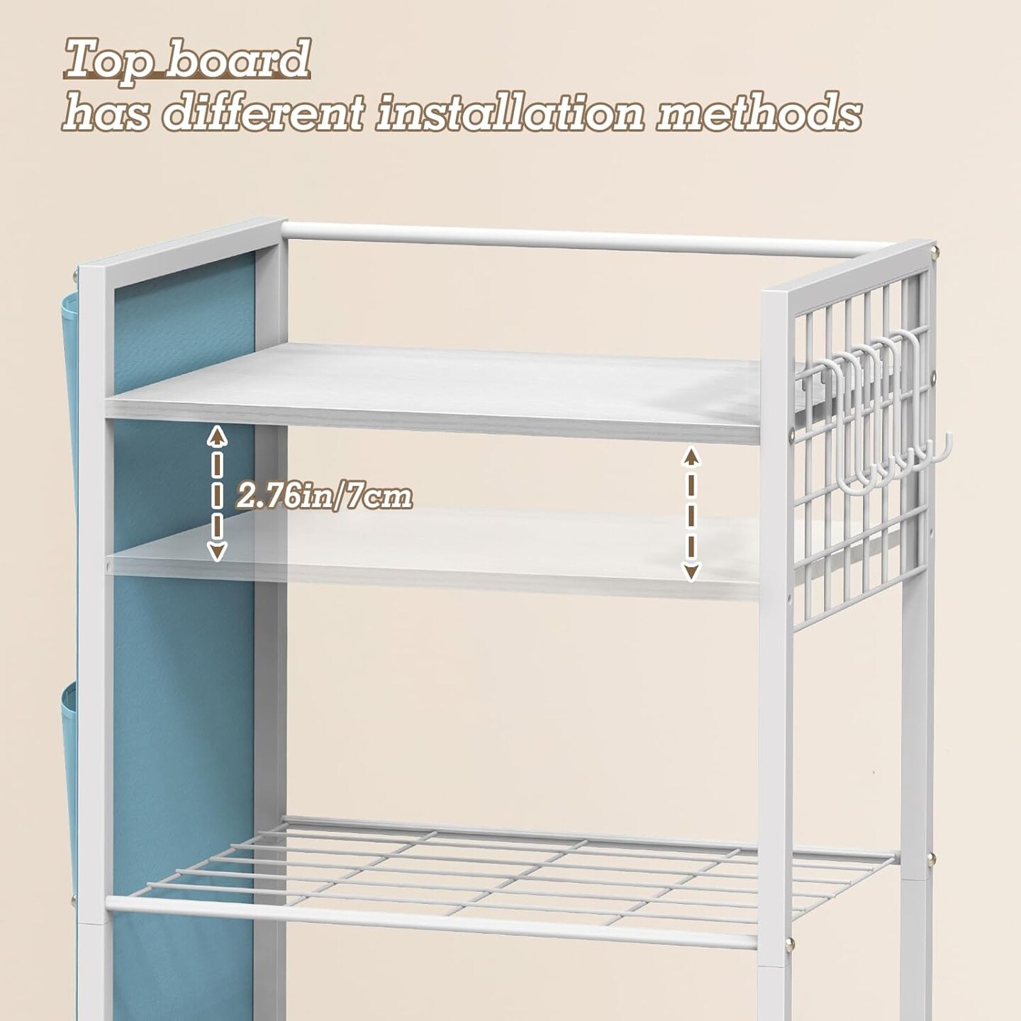 3-Tier Laundry Room Storage Rack with Hooks & Storage Bags - White Space-Saving Shelves for Detergent, Towels, Supplies - Multifunctional Organizer for Bathroom, Kitchen, Garage