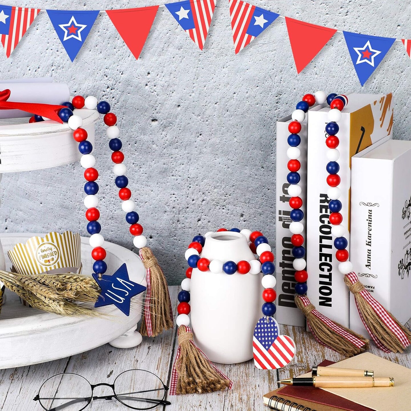 3pcs Independence Day Wood Bead Garland – USA 250th Anniversary Patriotic Beads with Rustic Tassels – Red White and Blue Farmhouse Decor with American Flag & Heart Signs – Boho Prayer Beads for Tiered Trays & Mantels