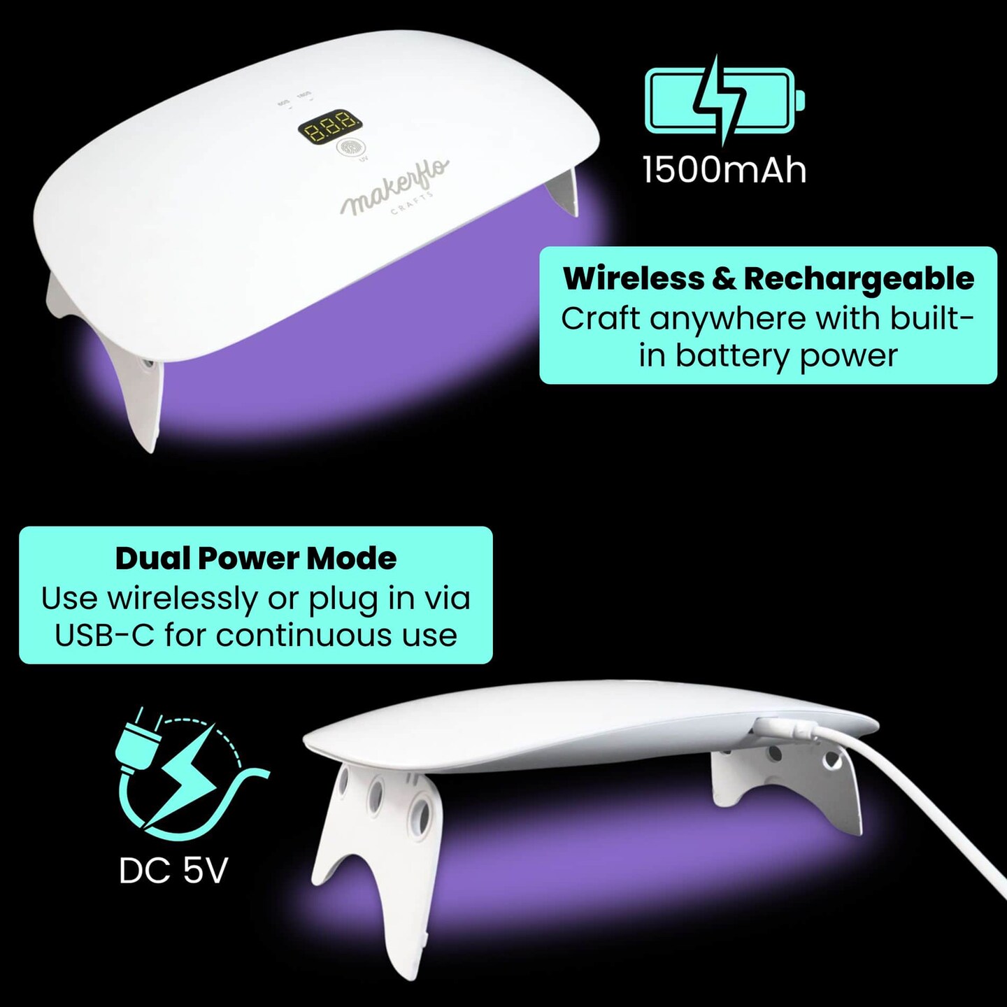 Makerflo UV Resin Lamp – 36W, 23 LED Bulbs, 365-405nm Curing, USB-C Rechargeable, Wireless/Wired, 3 Timer Modes, Digital Display, Adjustable Legs – Perfect for Resin Crafts & Jewelry