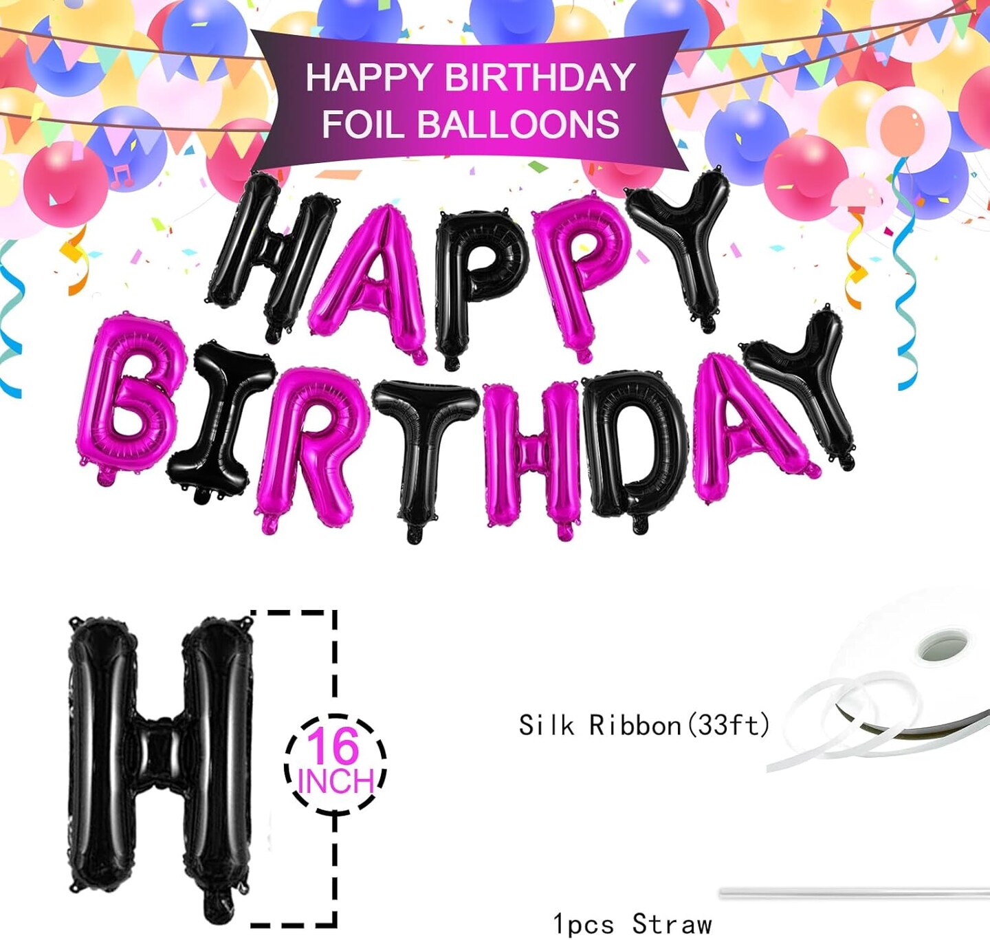 16 Inch Black &#x26; Hot Pink Happy Birthday Balloons Banner