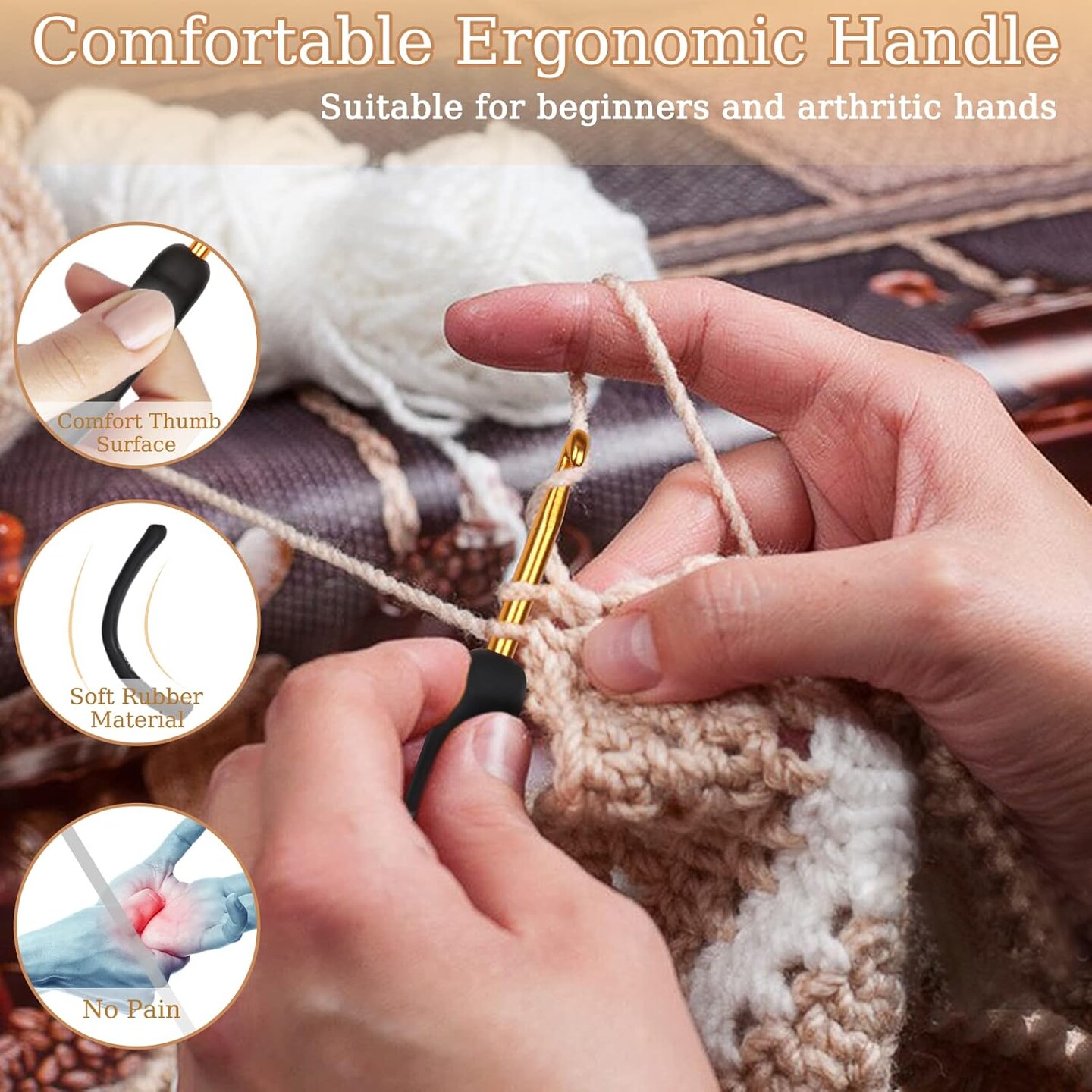 31-Piece Ergonomic Black & Gold Crochet Hook Set – Comfortable for Arthritic Hands, Beginner Friendly