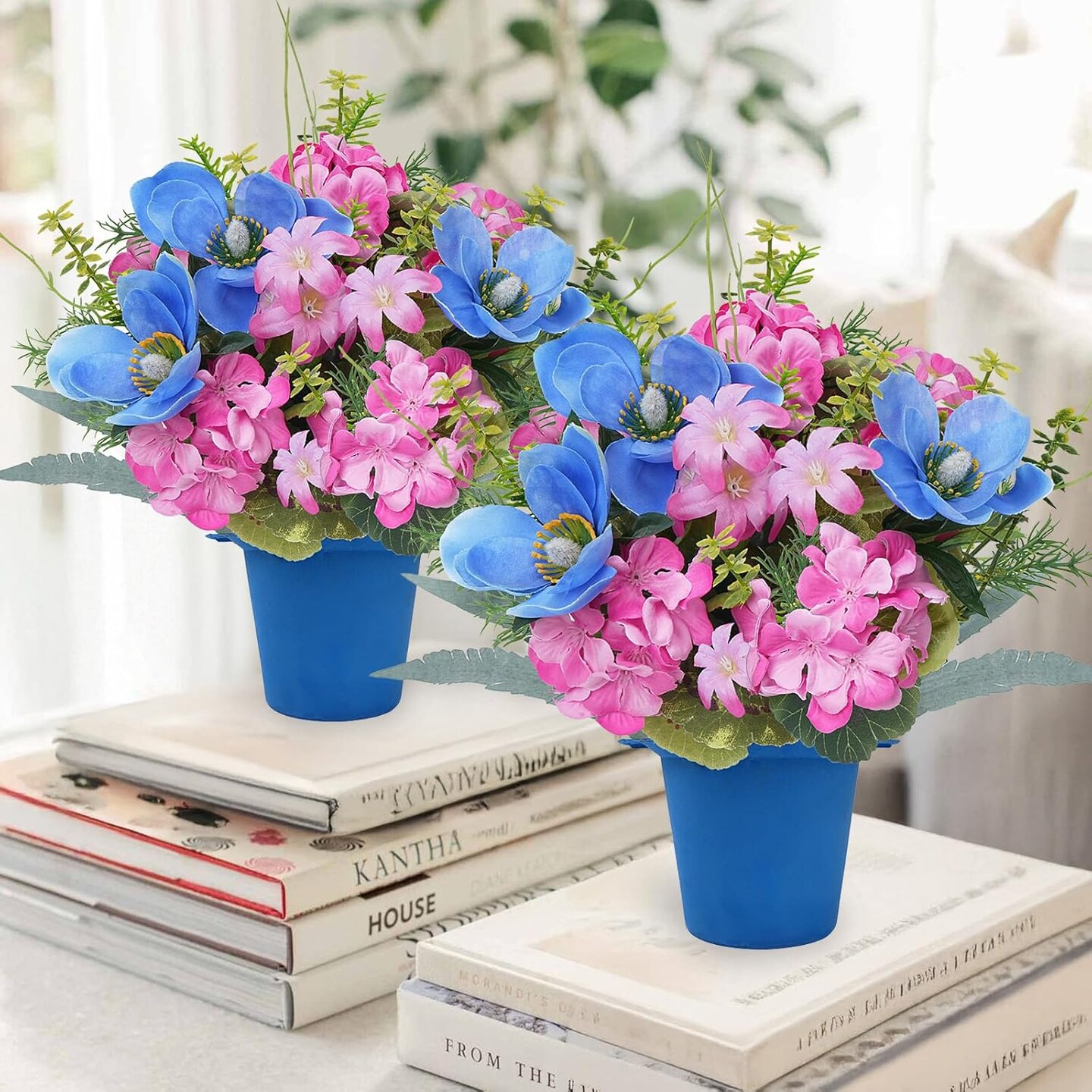 2 Pcs Fake Potted Flowers Spring Centerpieces for Tables 13.78&#x22; Easter Centerpiece Silk Flower with Iron Pots Small Plants Orchid Hydrangea for Indoor Table Top Dining Table Office Decor Pink Blue