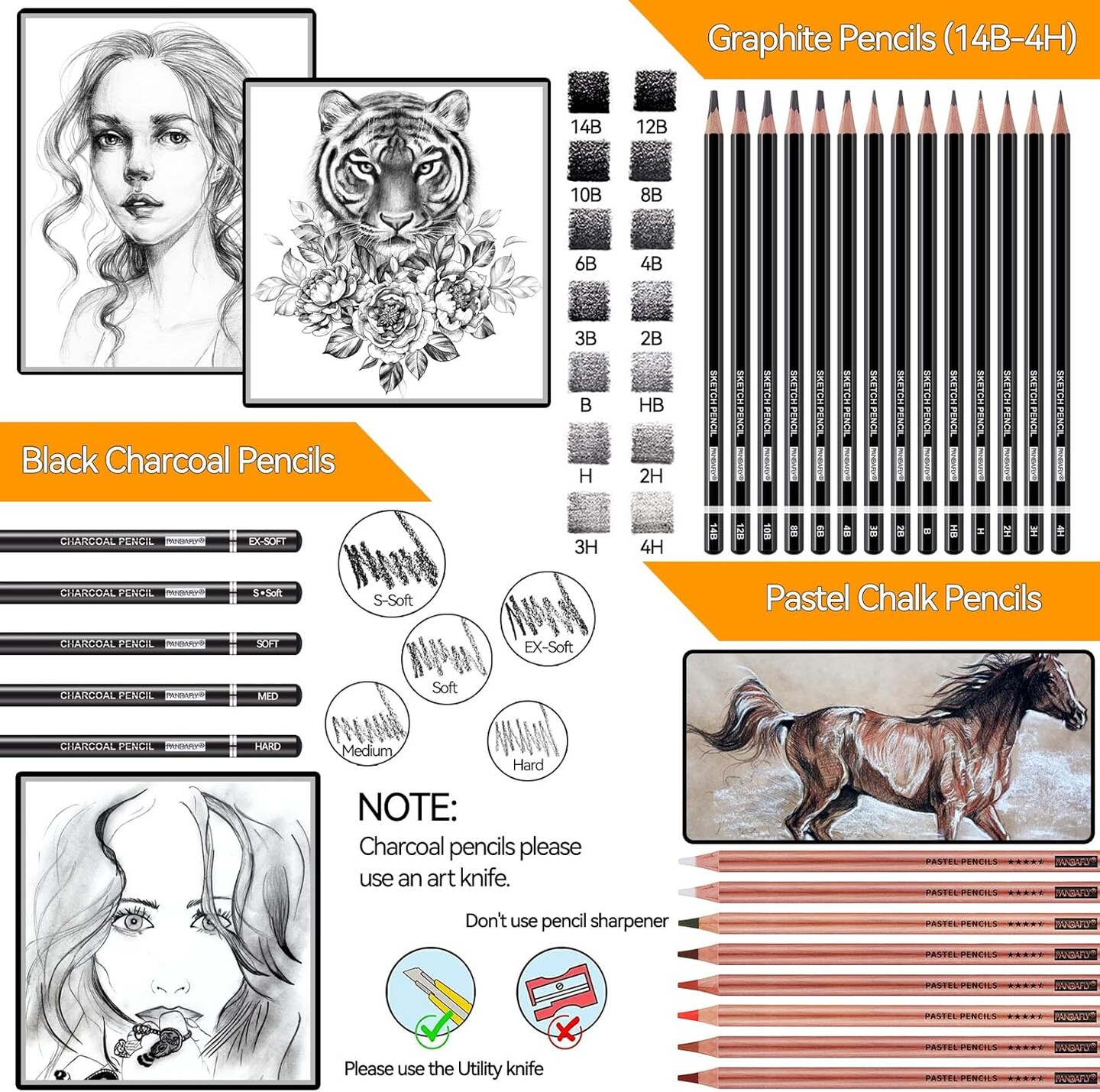 Drawing Sketching Pencil Set, 42 Pack Pro Art Pencil Kit with Graphite Pencils (14B-4H), Charcoal Pencil, Ideal for Shading, Blending, Drawing Set for Beginners & Pro Artists