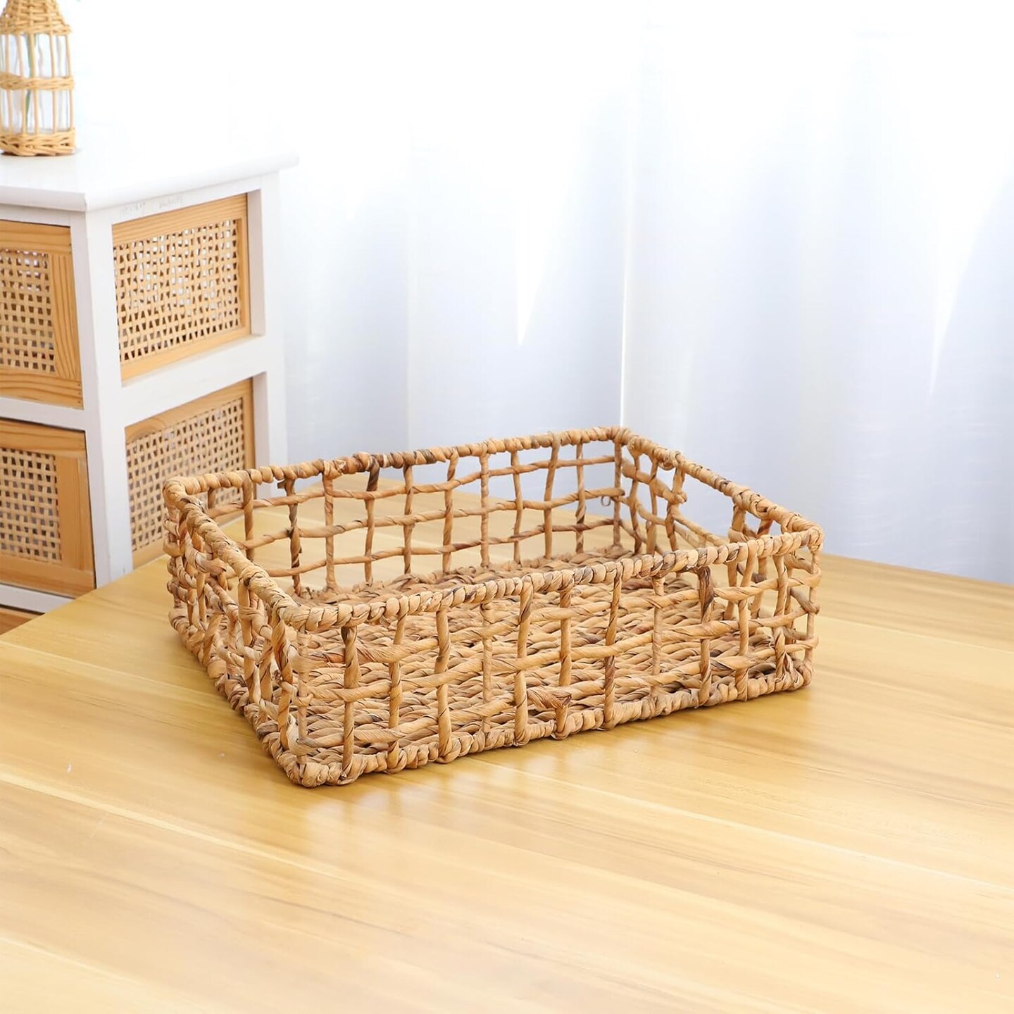 Summer Storage Basket Wicker Baskets for Organizing Hollow Woven Basket with Built-in Handles for Shelves/Pantry 16" x 12" x 5.5" Natural