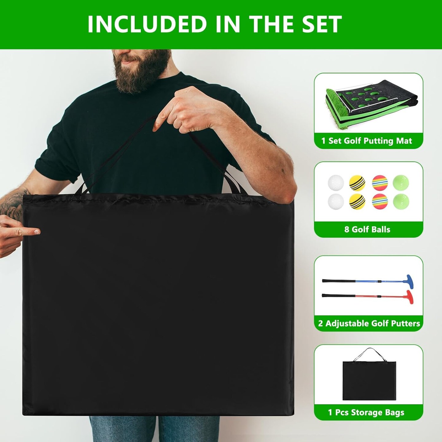 Golf Pong Game Set - 10.1&#x27; x 1.6&#x27; (3.08m x 0.49m) Foldable Indoor Putting Green with 2 Adjustable Putters, 8 Golf Balls, &#x26; Carrying Bag for Backyard, Office, or Home Practice