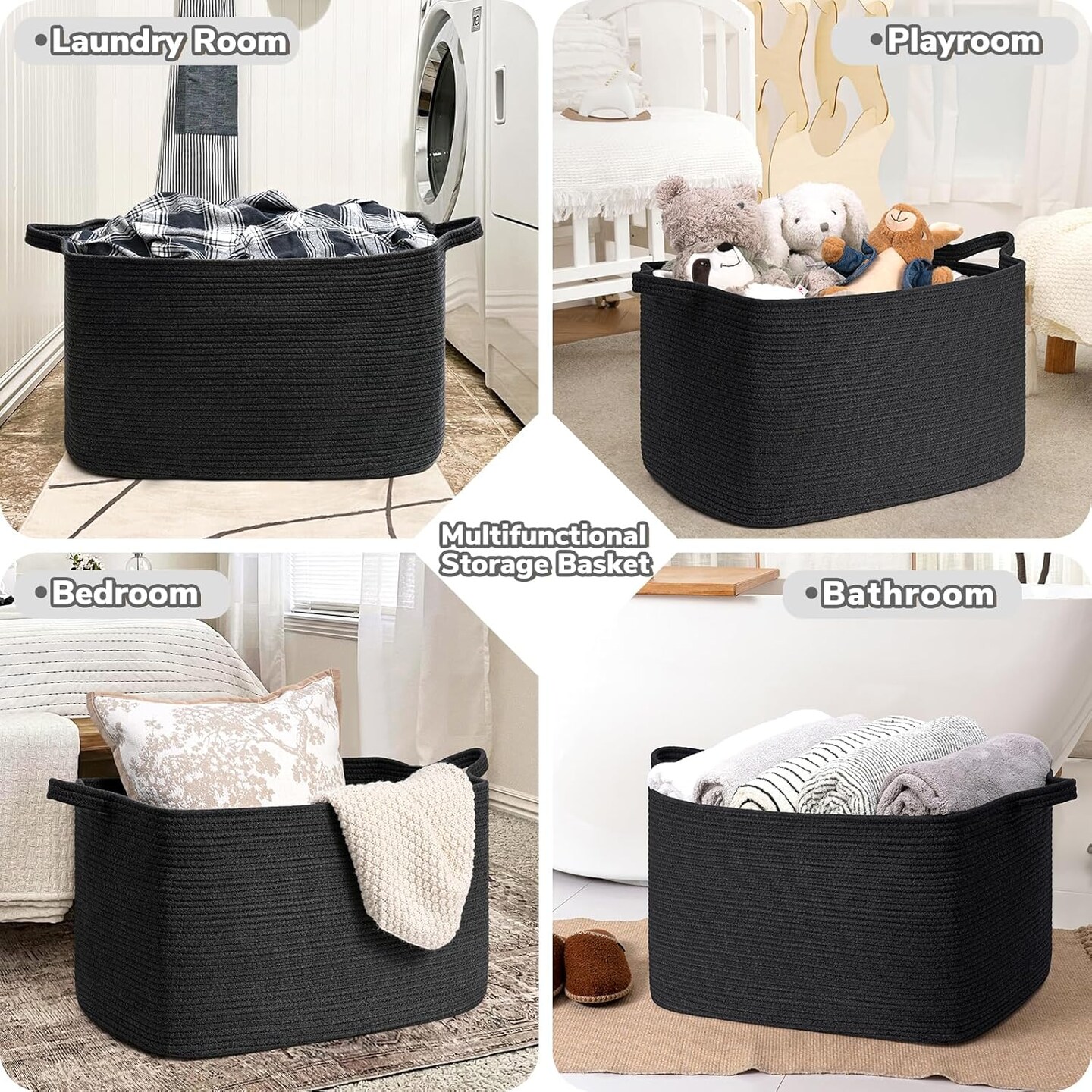 Summer Black Storage Basket for Living Room, Woven Baskets for Storage, Dirty Clothes Basket, Extra Large Rectangle Baby Baskets for Pillows, Toys, 24&#x22; x 16&#x22; x 14&#x22;