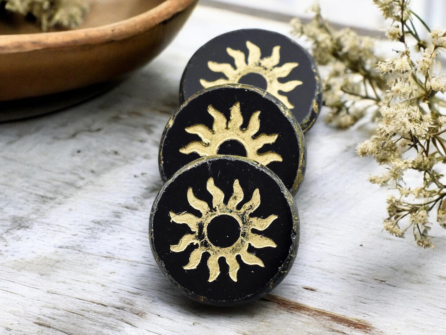 *2* 21mm Gold Washed Jet Picasso Table Cut Sun Design Coin Beads