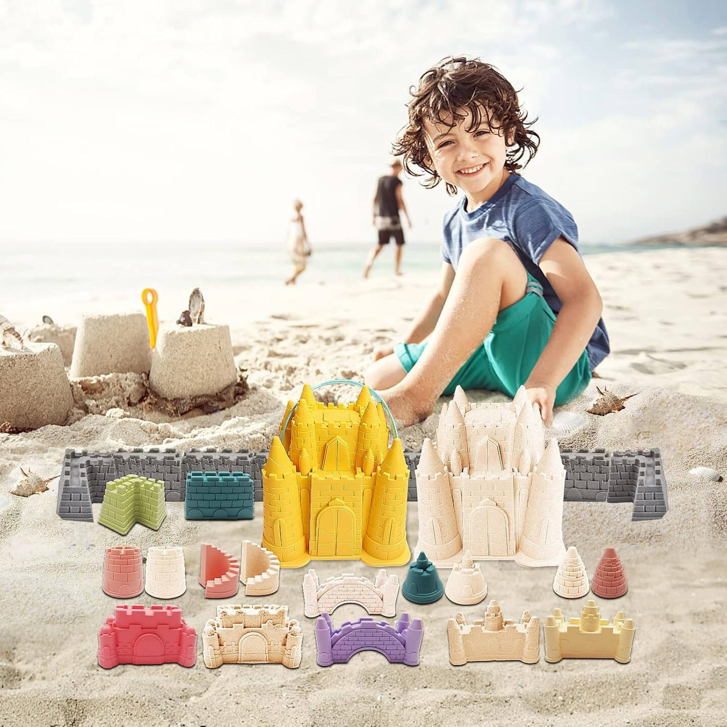 Summer Beach and Sand Castle Kit, 12 PCS Sand Toys for Kids Outdoor with Sand Castle Bucket, Molds, Rake and Shovel, Great Toys for Beach