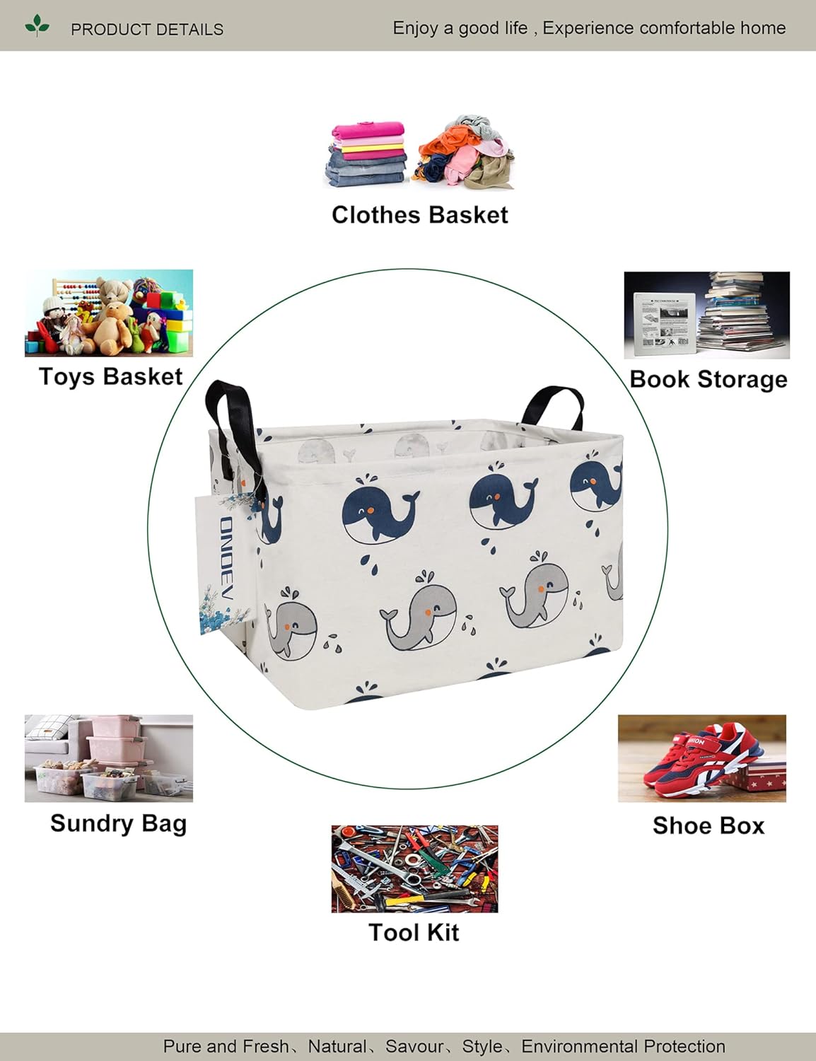 Summer Folding Basket,Canvas Basket, Nursery Hamper,Suitable for Children,Office,Bedroom,Clothes,Toys Storage (REC whale), 14.9&#x2019;&#x2019;L &#xD7;10.2&#x2019;&#x2019;W&#xD7;9.05&#x2019;&#x2019;H inches