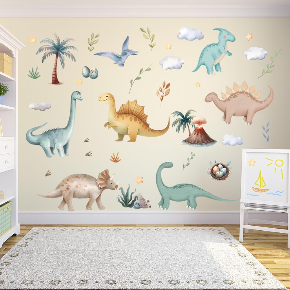 Dinosaur Wall Sticker Peel and Stick Dino Wall Decal Palm Tree Volcano Wall Stickers Green Plant Wall Decals Cute Animal Wall Art Decor for Kids Nursery Bedroom