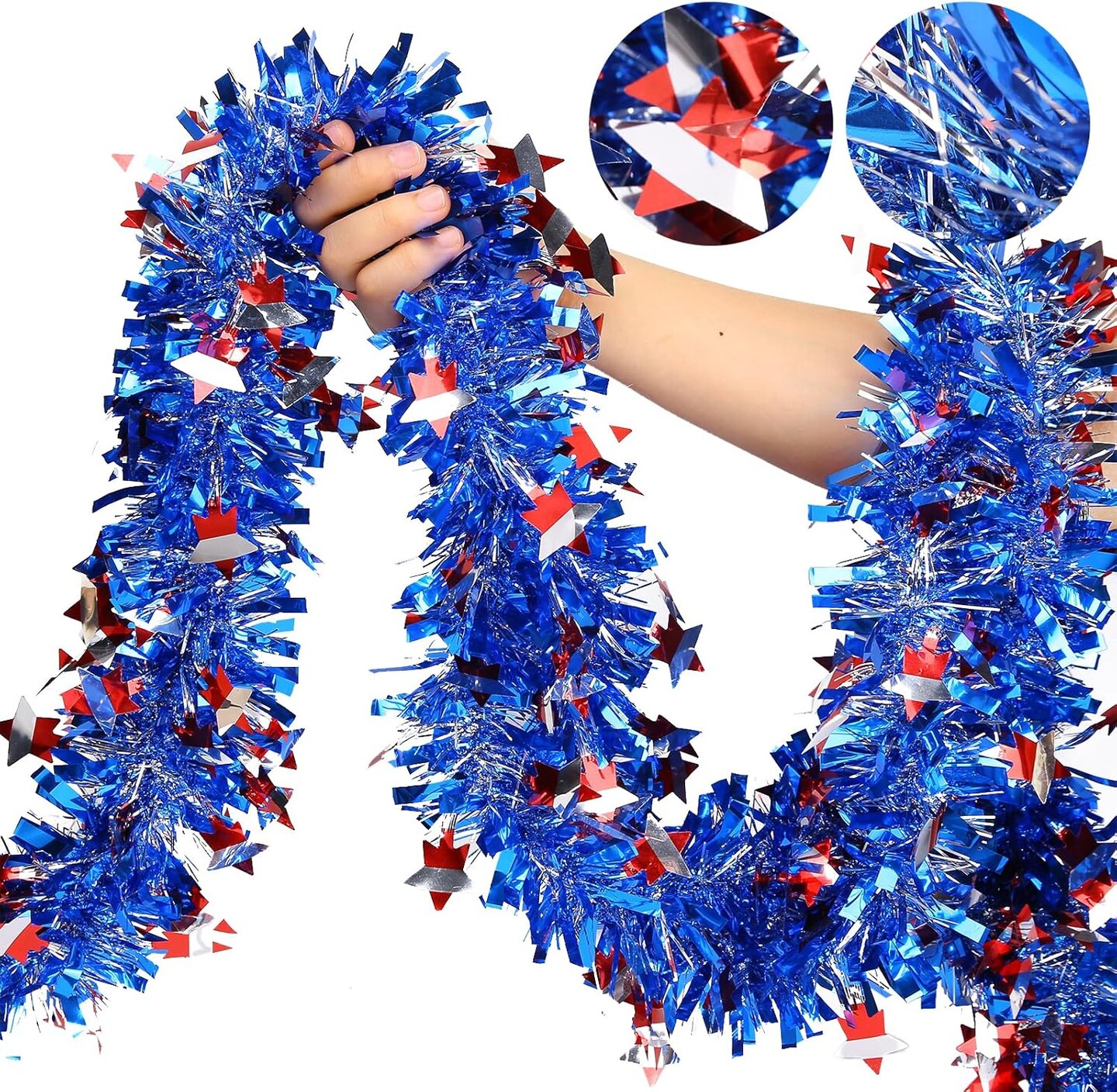 4th of July Garland Decor,33Ft Glitter Tinsel Patriotic Decorations for Tree Car Golf Cart Parade Float Bike Outdoor Holiday Independence Day Memorial Day Veteran&#x27;s Day USA Summer Red White Blue