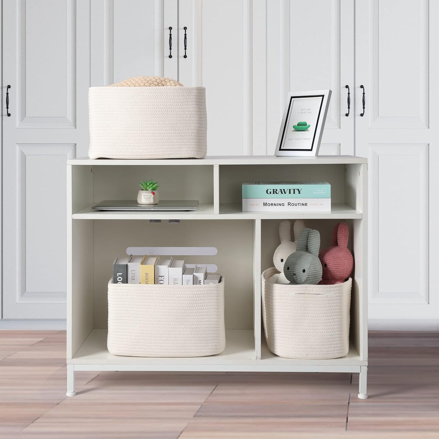 Summer Cotton Rope Storage Basket Bins Woven Basket for Organizing Shelves Rectangle Decorative Baskets For storage Clothes Toys Books Towels Square Wicker Nursery basket organizer 3 pack white