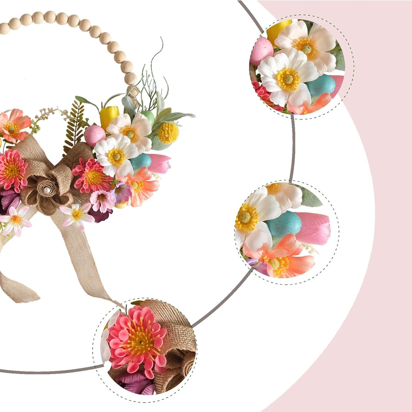 Summer Artificial Wreath 16 Inch Wooden Beads Wreaths for Front Door Summer Wreath with Colorful Silk Flowers Eggs Flax Bow for Home Indoor Window Wall Farmhouse Outside Decor