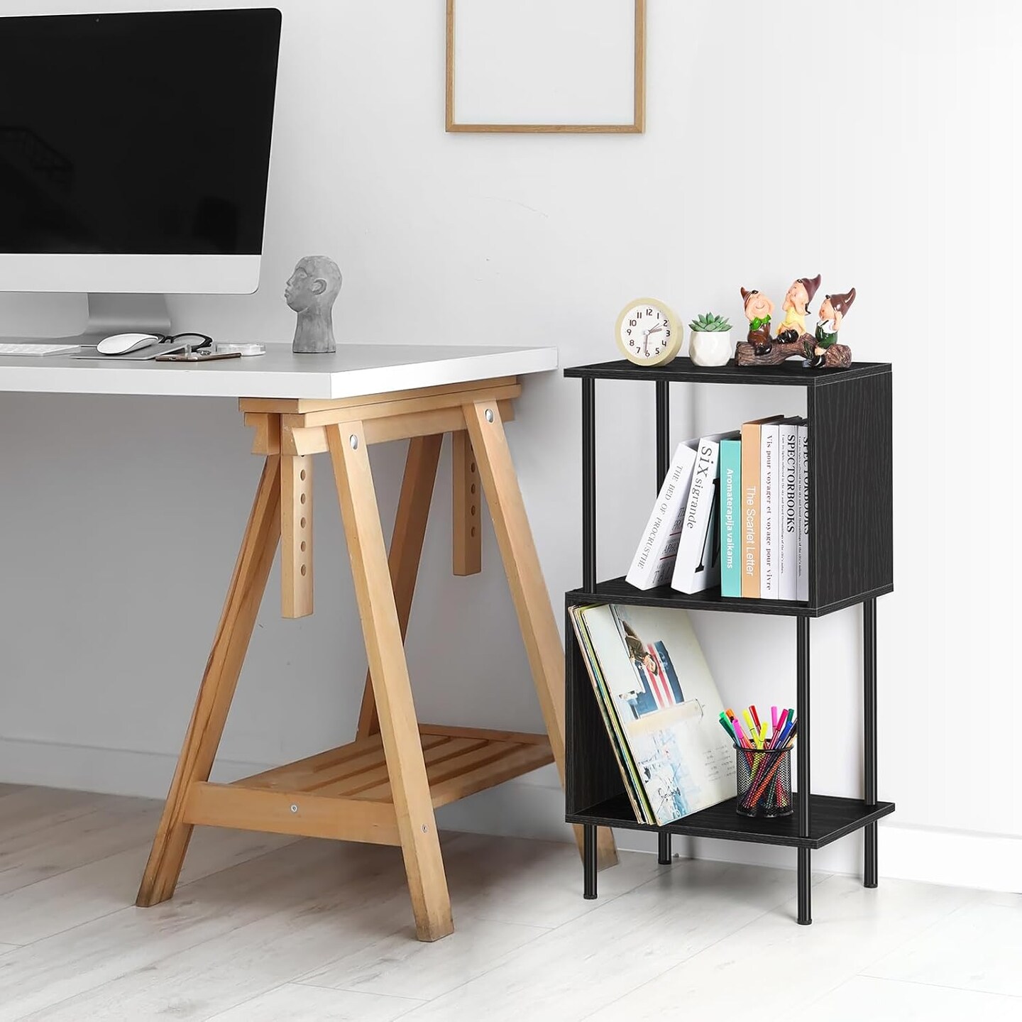 3-Tier S-Shaped Small Bookshelf &#x2013; Compact Black Bookcase Organizer for Home Office, Kids&#x2019; Room, Living Room (15.7&#x201D;x11.8&#x201D;x31.8&#x201D;)