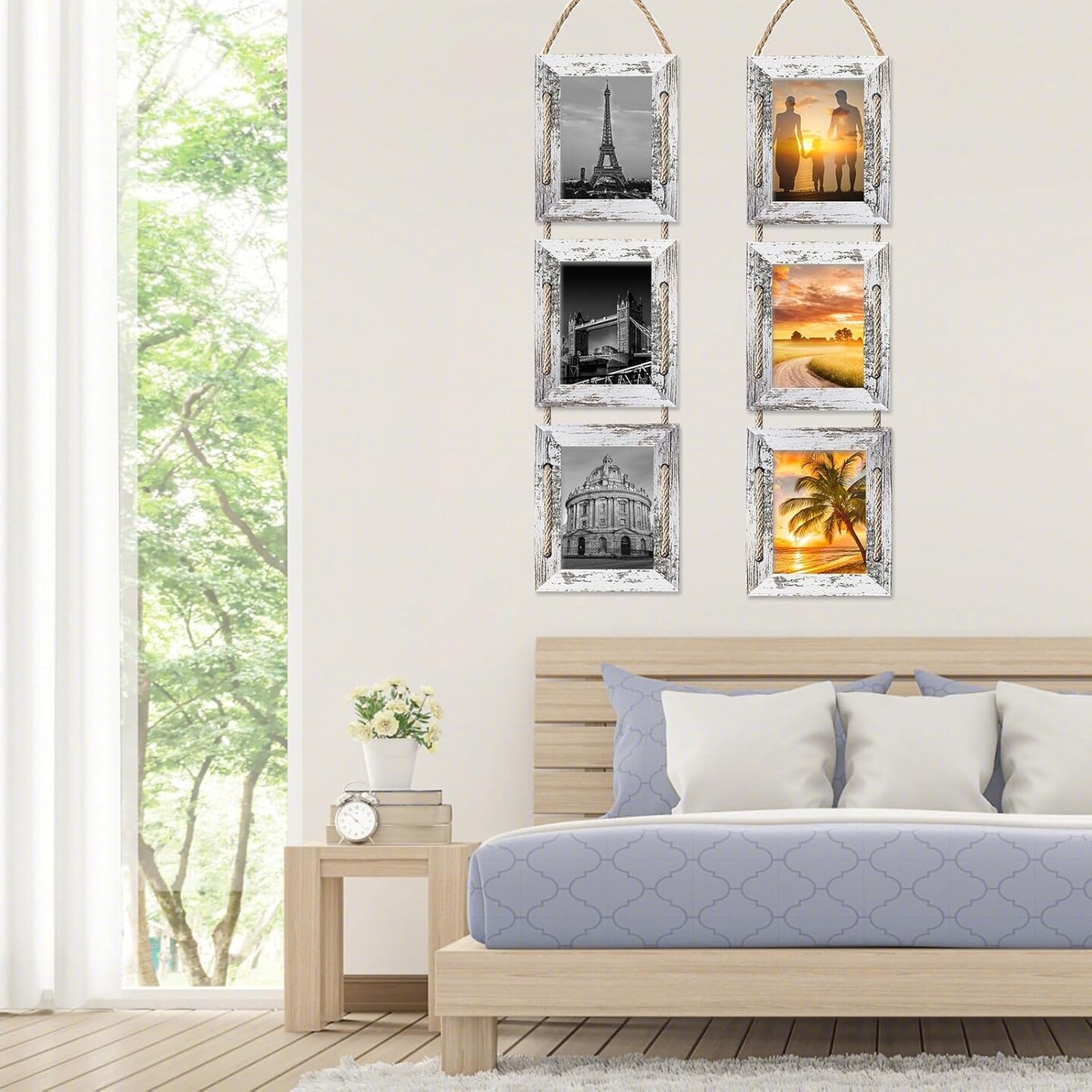 4x6 Hanging Collage Picture Frames Wall Decor, 3-Opening 4x6 Rustic Wood Frame with Hemp Rope, 2 Pack,White