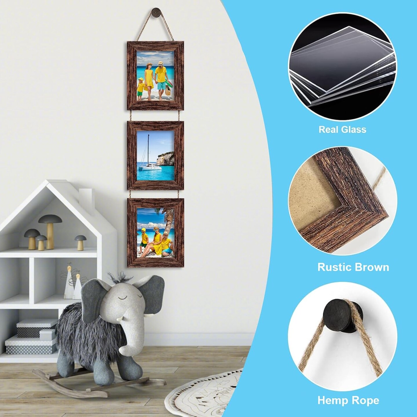 Picture Frames, 5x7 Picture Frame, Wall Hanging Picture Frames Collage with 3 Opening, Wall Decor Engineered Wood Frames (Brown)