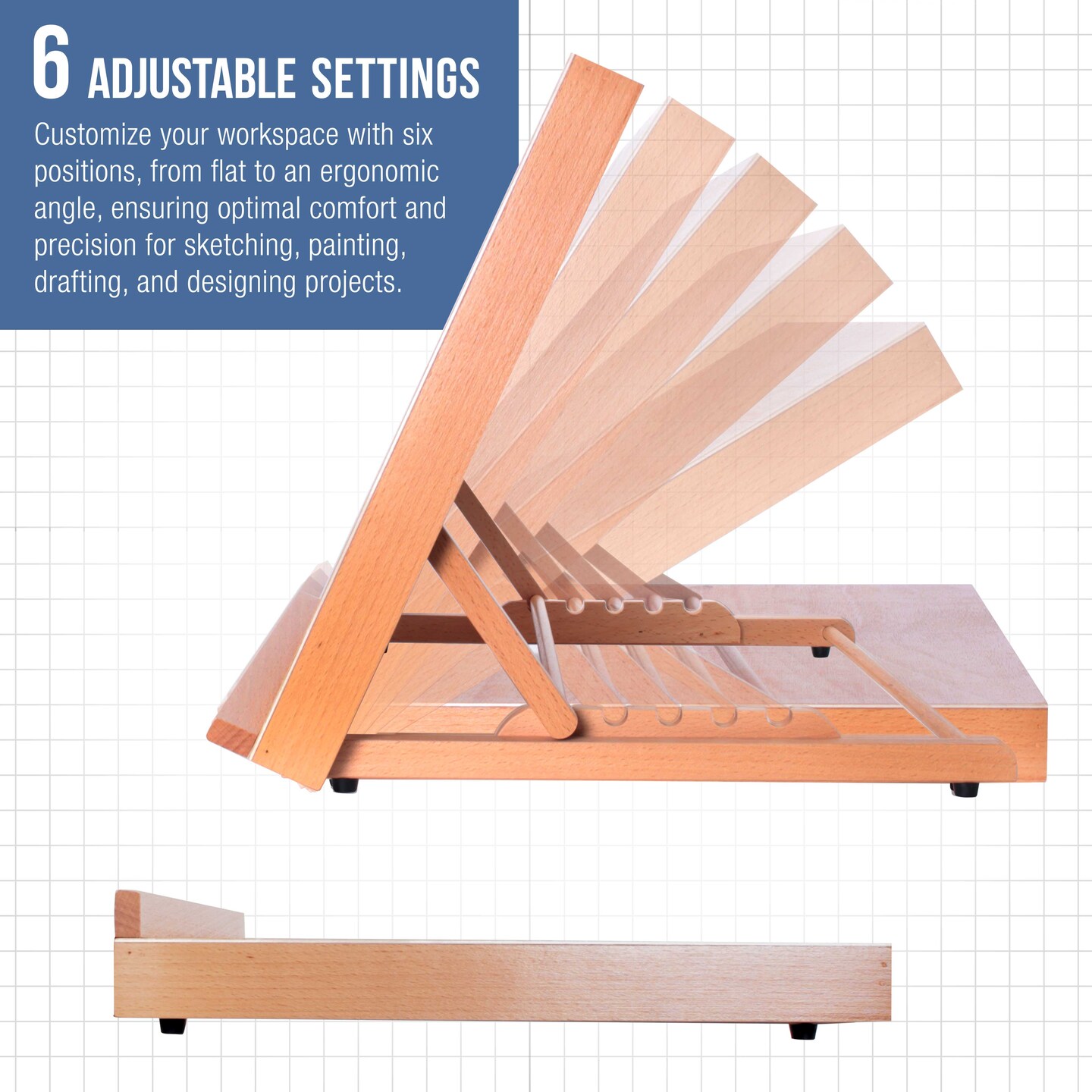 Large 18-1/2&#x22; x 14-1/8&#x22; (A3) Adjustable Wood Art Drawing Board - 6 Angles, Beechwood Construction, Pencil Ledge - Perfect for Designing, Drafting, Sketching &#x26; Architecture Work