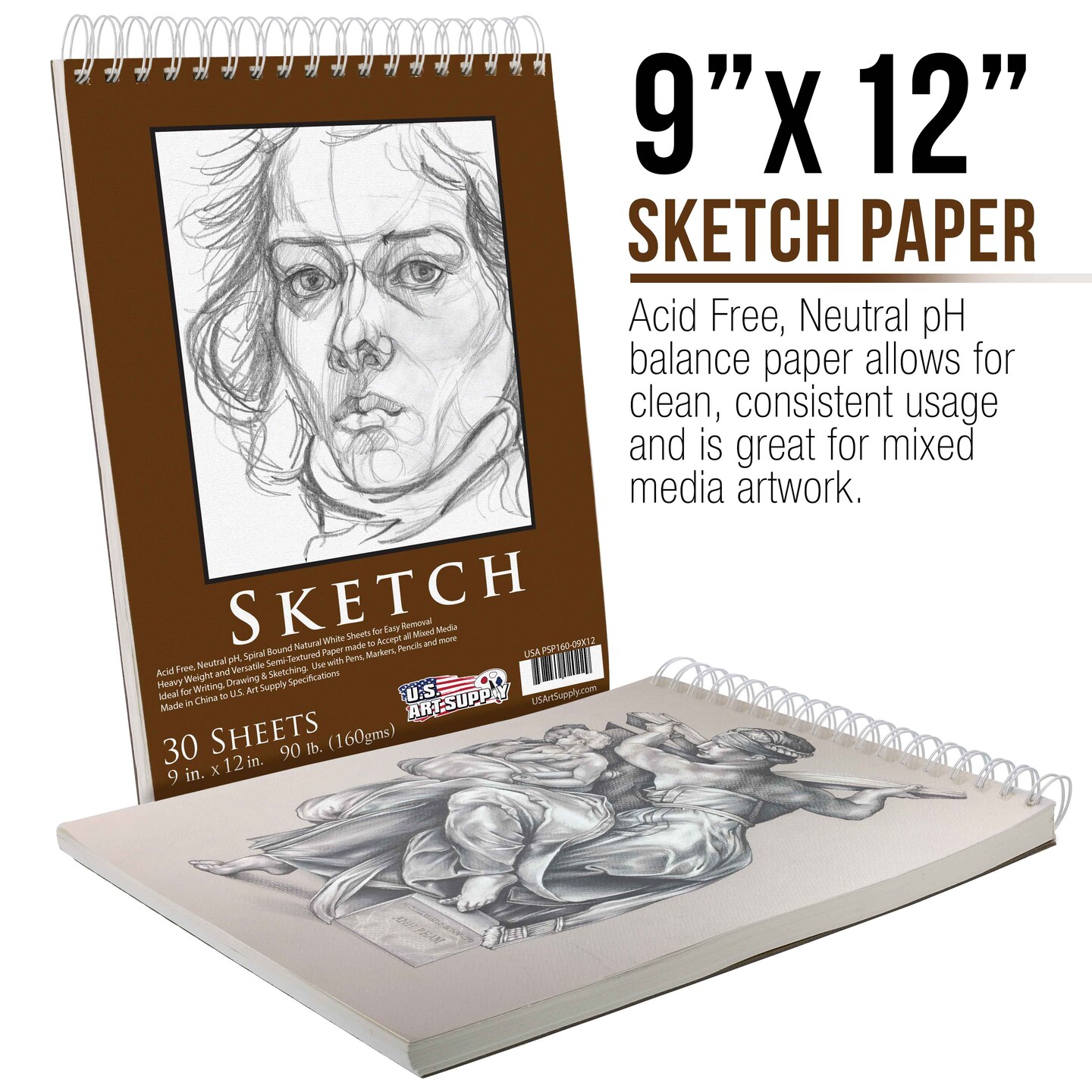 9&#xE2;&#x20AC;&#xFFFD;x12&#x22; Premium Heavy-Weight Paper Spiral Bound Sketch Book: 90 Pound (160gsm), 30-Sheet Drawing Pad (2 Pack)