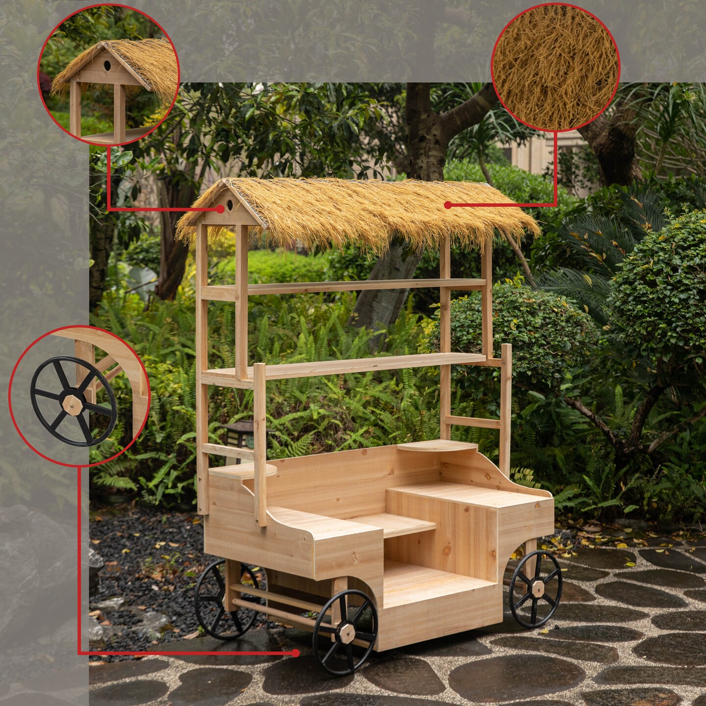 Vintiquewise Versatile Multi-Tier Shelves Wooden Rolling Cart - Perfect for Festival, Event Stand, Food Tasting Table, Garden Floral Display Rack, & Home Decor with Straw Roof and 2 Black Wheels