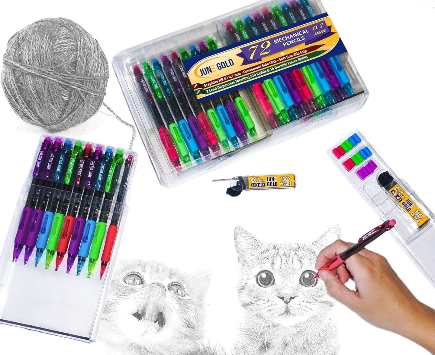 72 Mechanical Pencils, 0.7 mm HB Lead, 2 Lead Dispensers with 220 Refills &#x26; 16 Erasers, Break Resistant, Convenient Side Click &#x26; Soft Non-Slip Grip