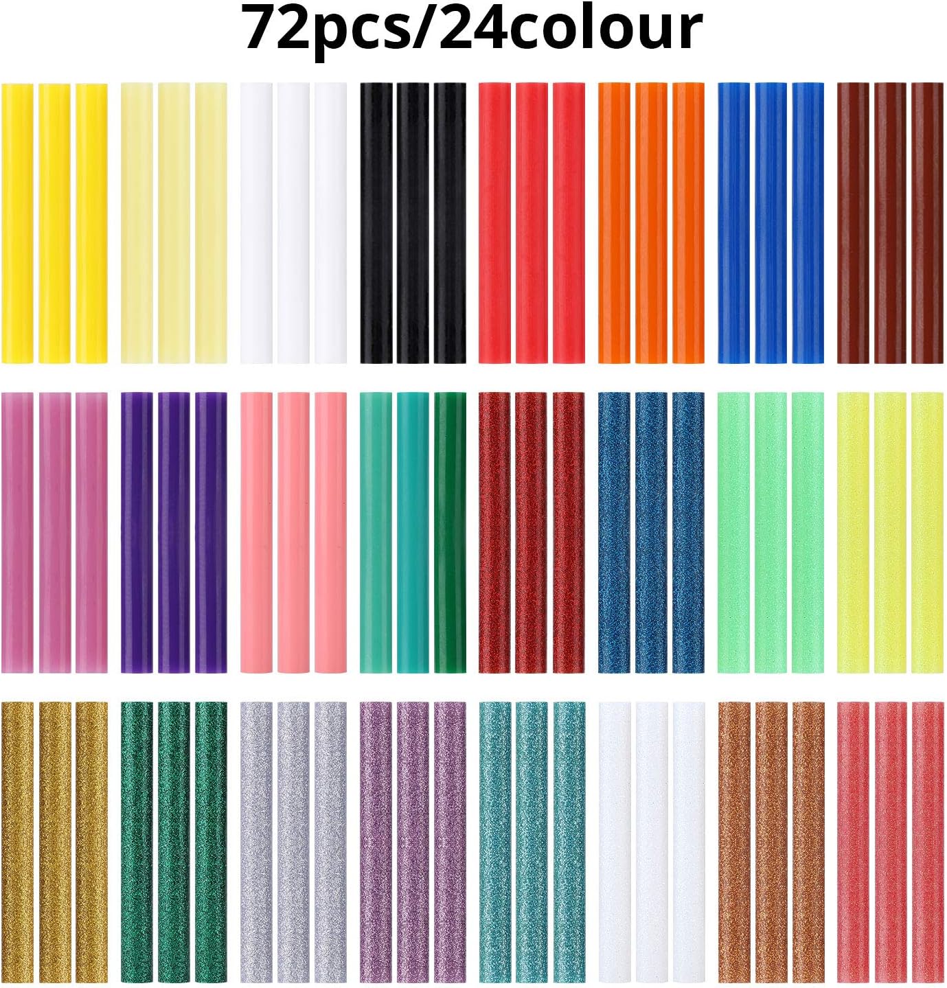 24 Colors Hot Glue Sticks - 0.4&#x22; x 3.9&#x22;, Mini Size Melt Hot Glue Sticks, 36pcs Colored + 36pcs Glitter, Multipurpose for Art Craft Project, General Repair, Bonding, Sealing, 72 Counts