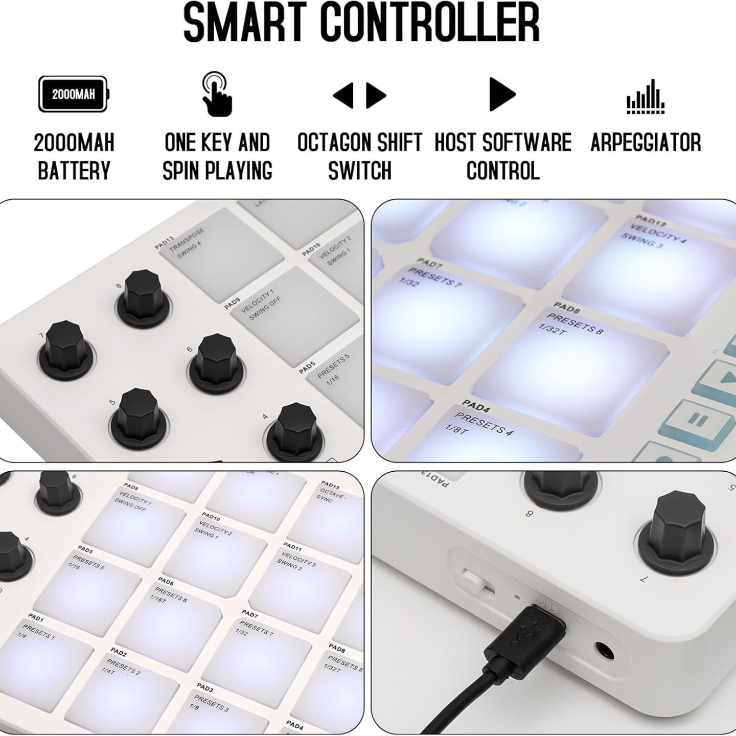 M-Wave Midi Controller &#x2013; Bluetooth USB Pad &#x2013; 16 Drum Pads, 8 Knobs, Rechargeable, DAW Compatible