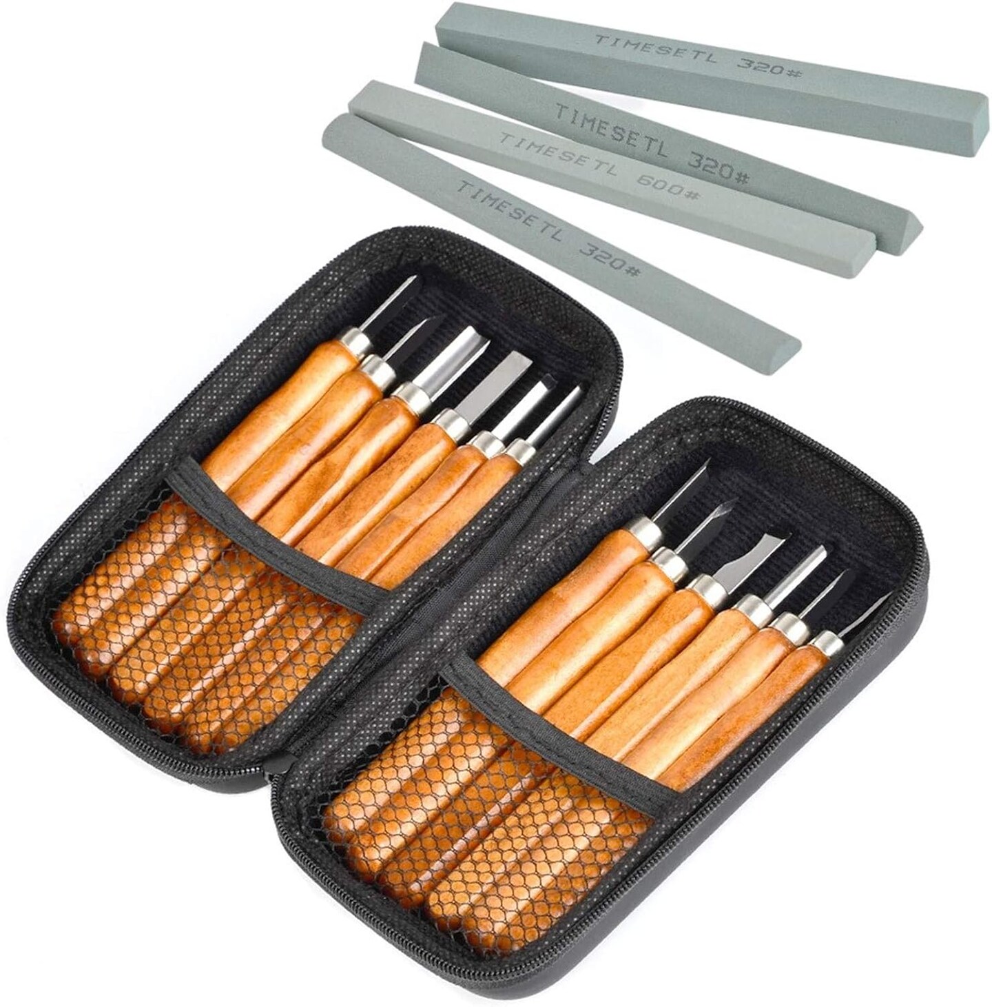 17Pack Small Wood Carving Set, 12pcs Wood Carving Tools SK2 Carbon Steel + 4pcs Whetstone + 1pcs Storage Case for Beginners DIY Woodworking Sculpting Whittling with Safety Cap