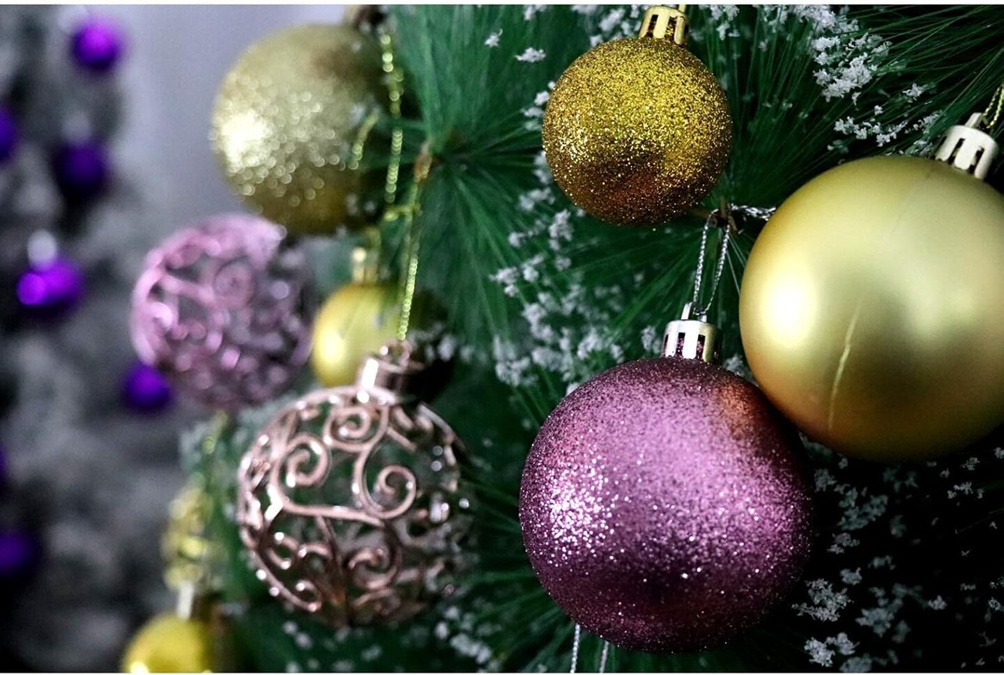 24pcs 2.36" shatterproof Christmas baubles in champagne, pink, and gold.
