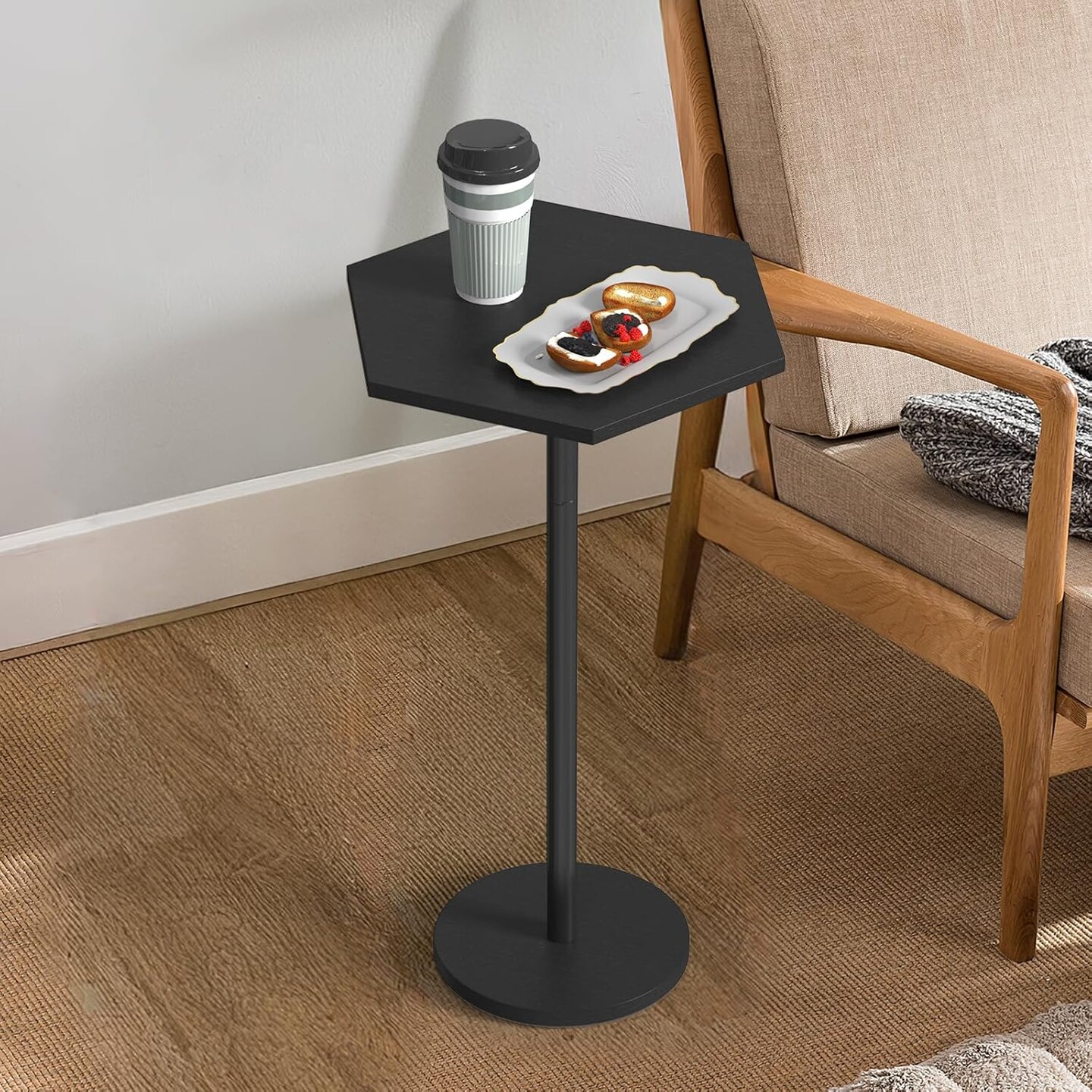 Modern Hexagon Pedestal Table Set of 2 - Black Drink Tables for Small Spaces, 24.4in/62cm Tall, Multi-Functional End Tables for Living Room, Bedroom, Patio (Easy Assembly)