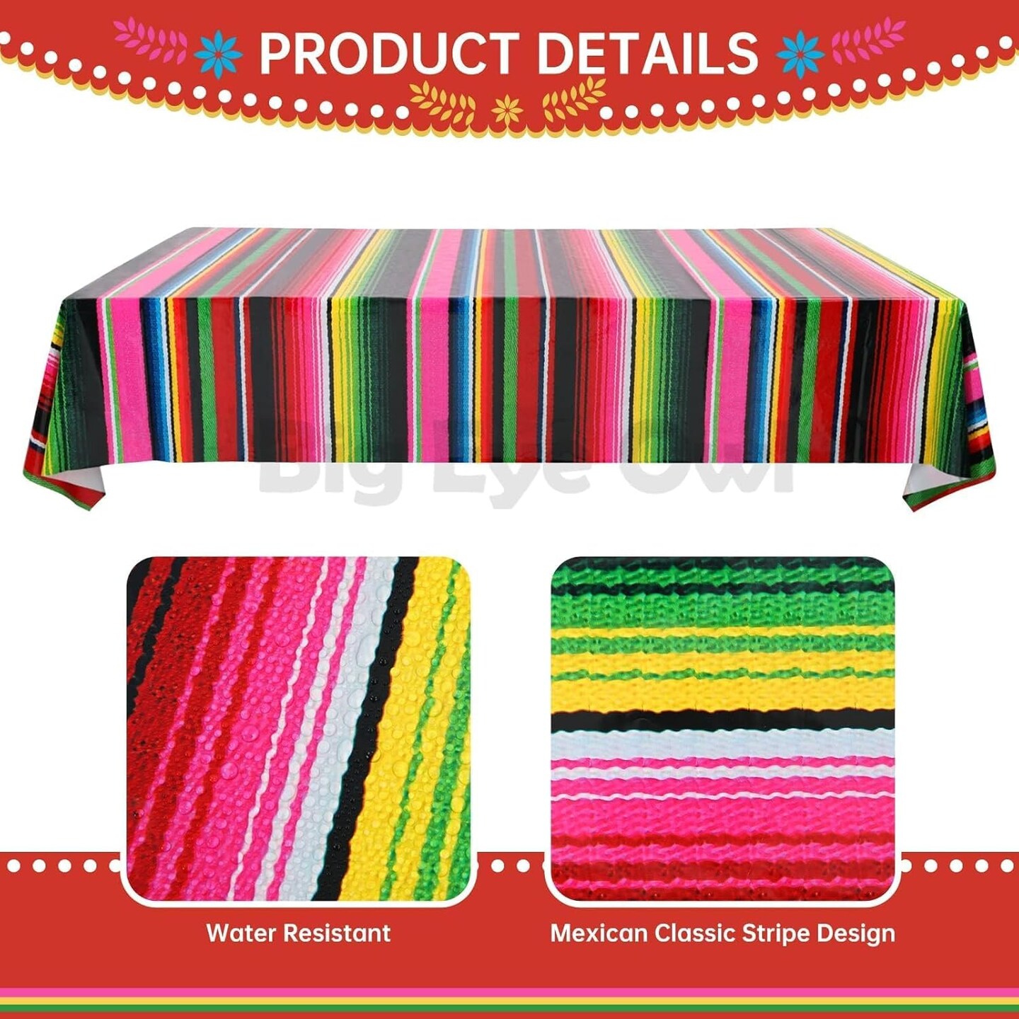 3-Pack Mexican Fiesta Tablecover – Disposable Plastic Cinco de Mayo & Birthday Party Tablecloth